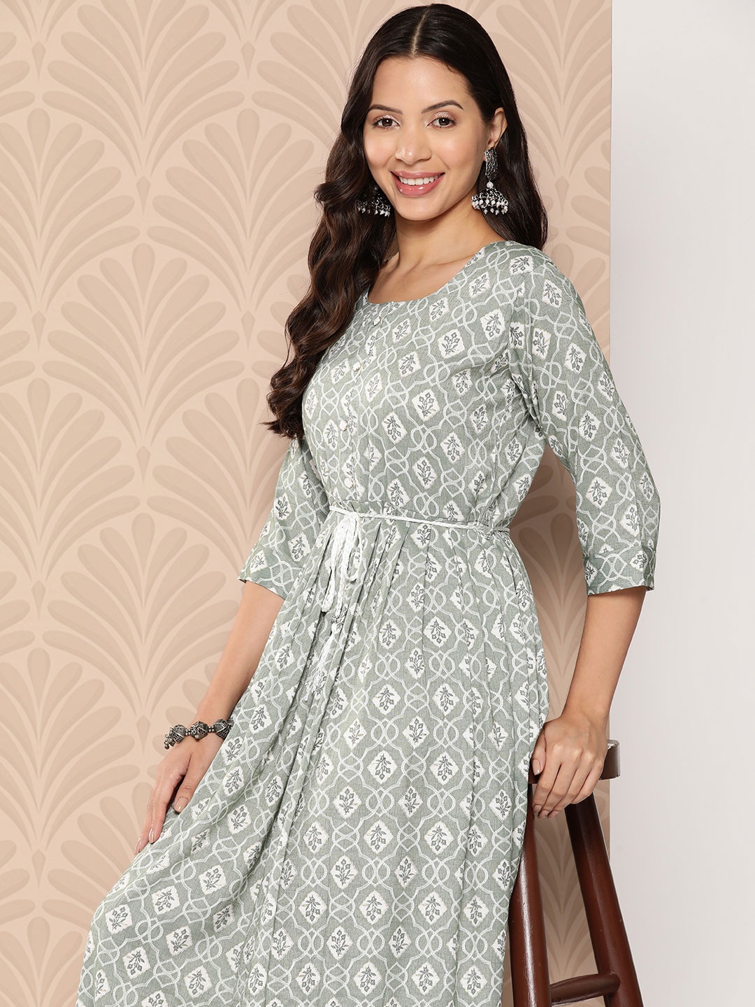 

ZOLA Floral Print A-Line Midi Dress with Tie-Ups Detail, Green