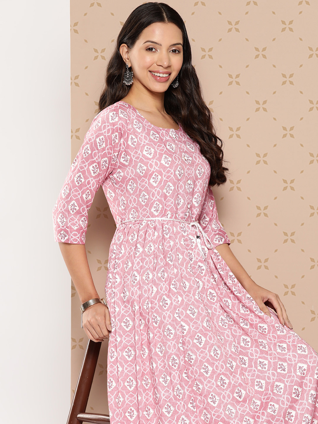 

ZOLA Floral Print A-Line Midi Dress with Tie-Ups Detail, Pink