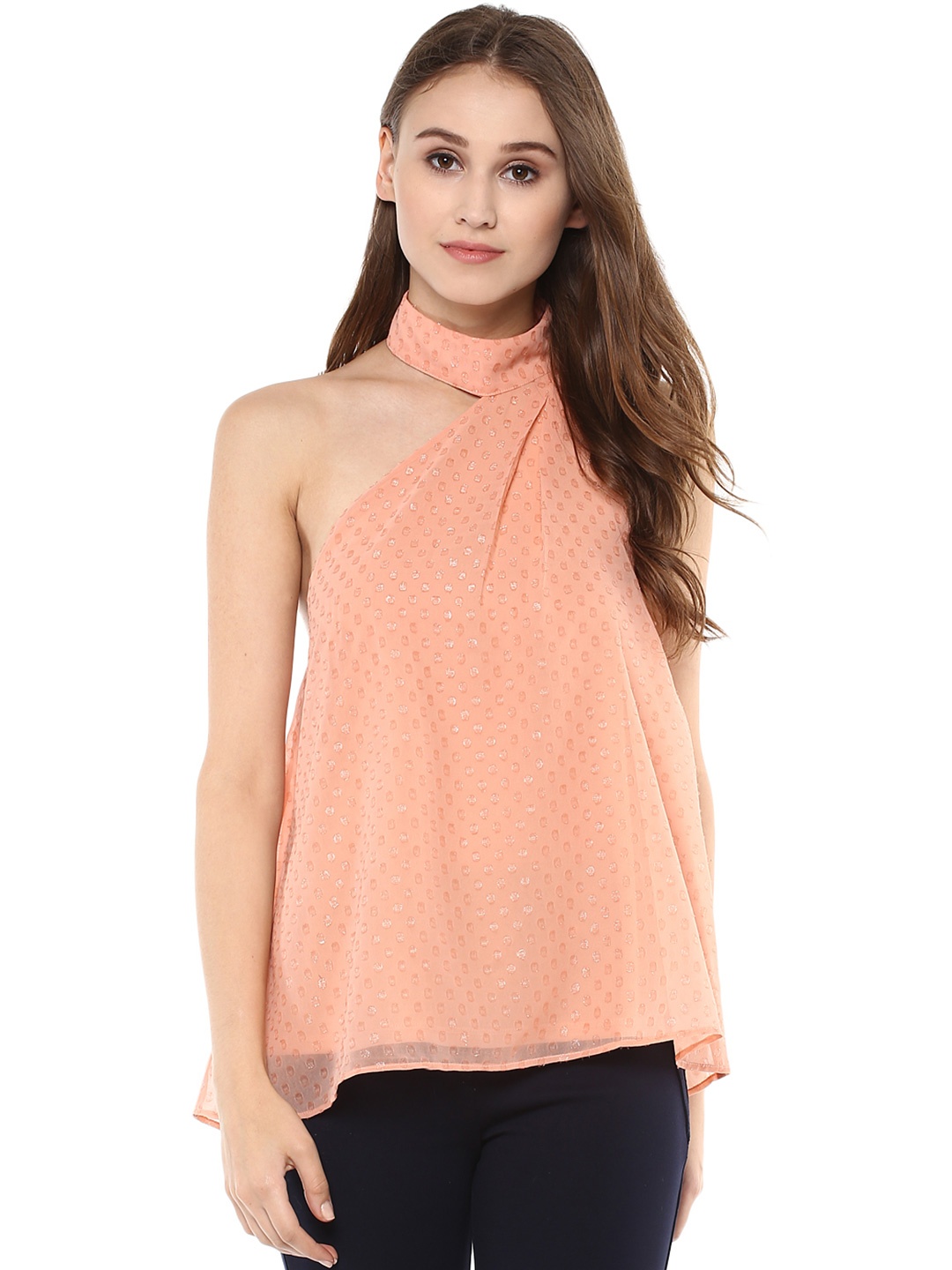 

Kazo Women Peach-Coloured Self Design Styled Back Top