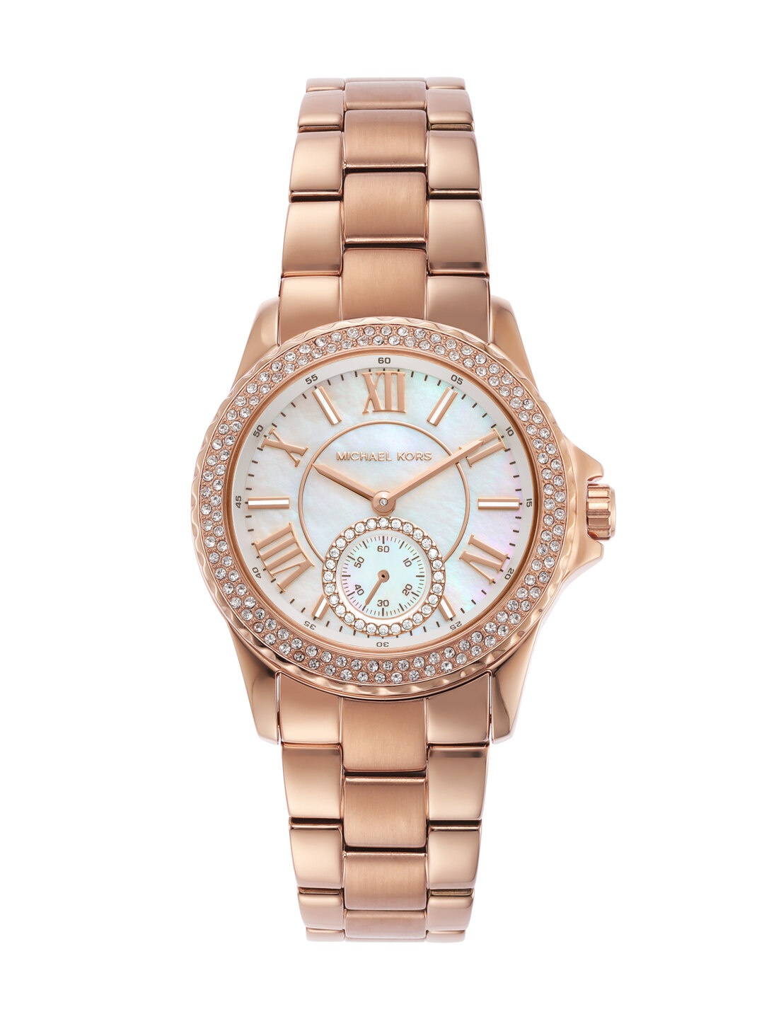 

Michael Kors Women Embellished Everest Bracelet Style Analogue Watch MK7364-Rose Gold, White