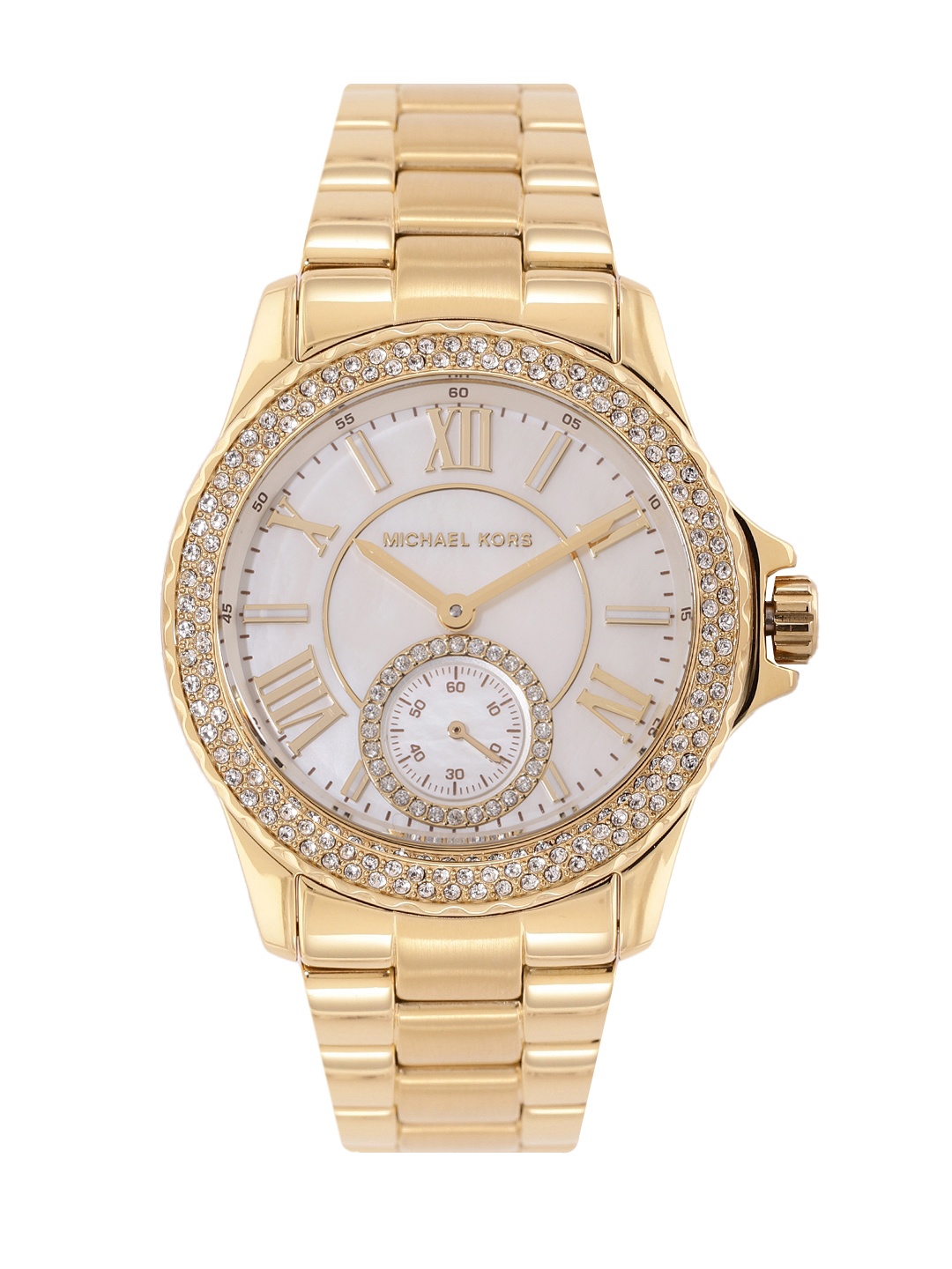 

Michael Kors Women Embellished Everest Bracelet Style Analogue Watch MK7363-Gold, White