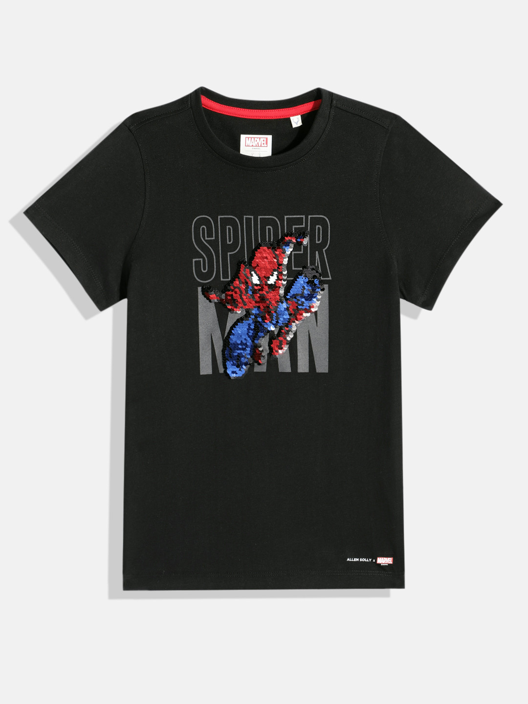 

Allen Solly Junior x Marvel Boys Spiderman Sequin Embellished Pure Cotton T-shirt, Black