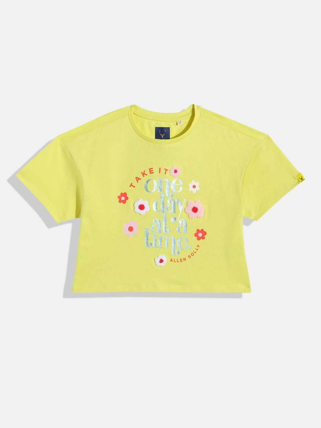 

Allen Solly Junior Girls Typography Printed Pure Cotton Applique T-shirt, Yellow