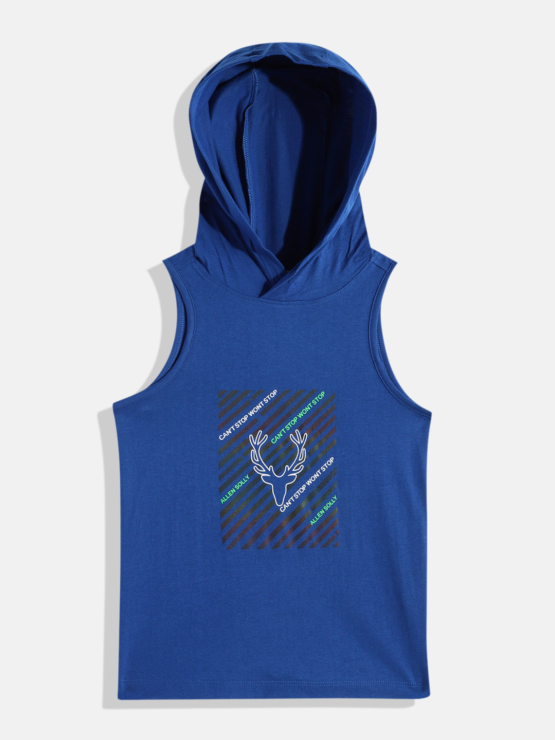 

Allen Solly Junior Boys Printed Hooded Pure Cotton Sleeveless T-shirt, Blue