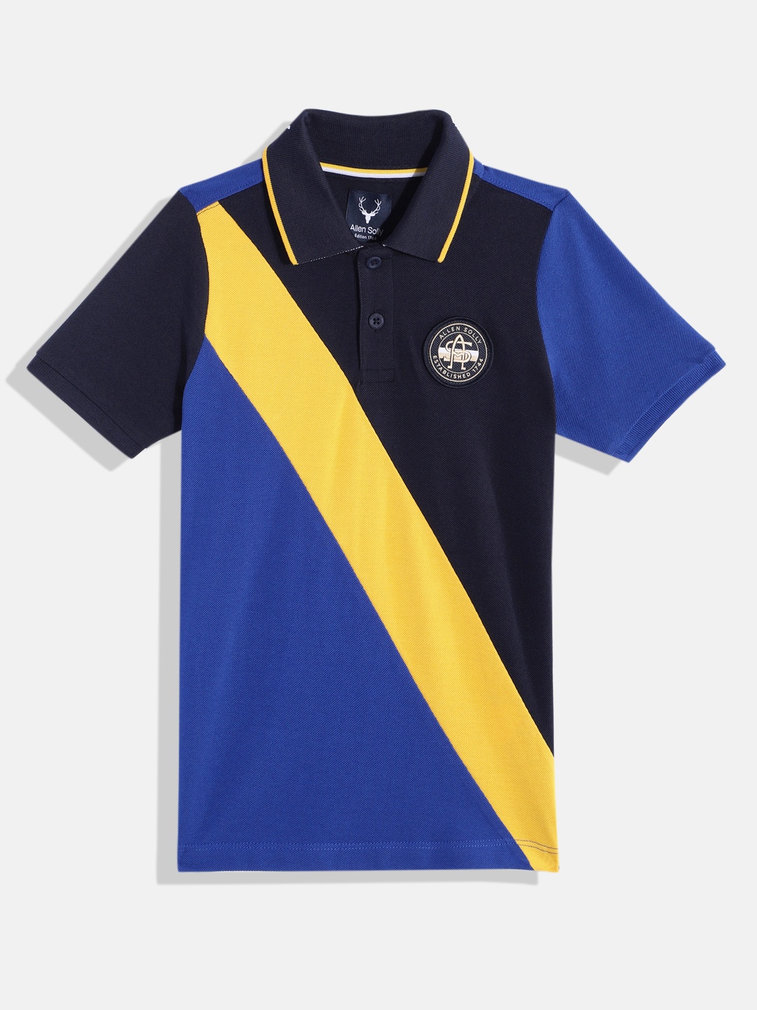 

Allen Solly Junior Boys Colourblocked Polo Collar Pure Cotton Applique T-shirt, Blue