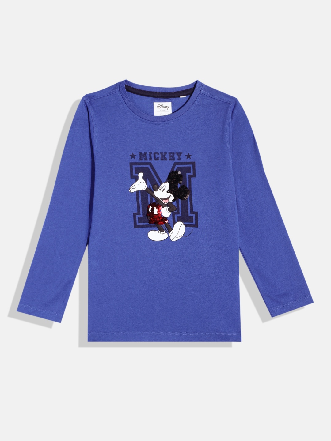 

Allen Solly Junior Boys Mickey Mouse Printed Sequinned Embellished Pure Cotton T-shirt, Blue