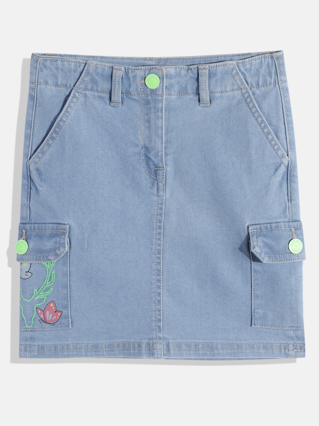 

Allen Solly Junior Girls Embroidered Pockets Denim Cargo Style Skirt, Blue