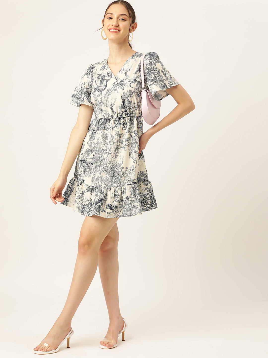 

DressBerry Floral Print Flared Sleeves Tiered Dress, Blue