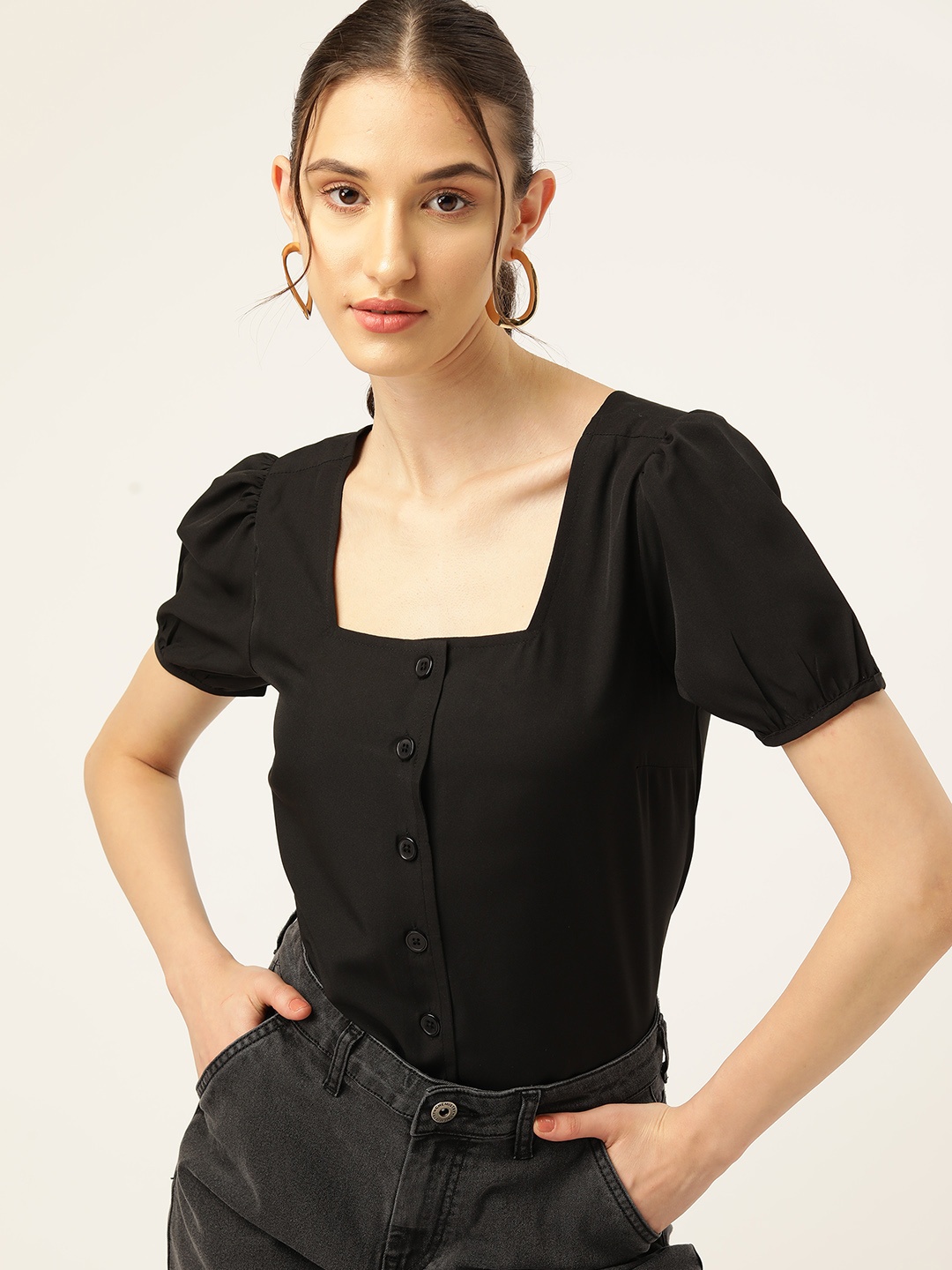 

DressBerry Solid Puff Sleeve Regular Top, Black