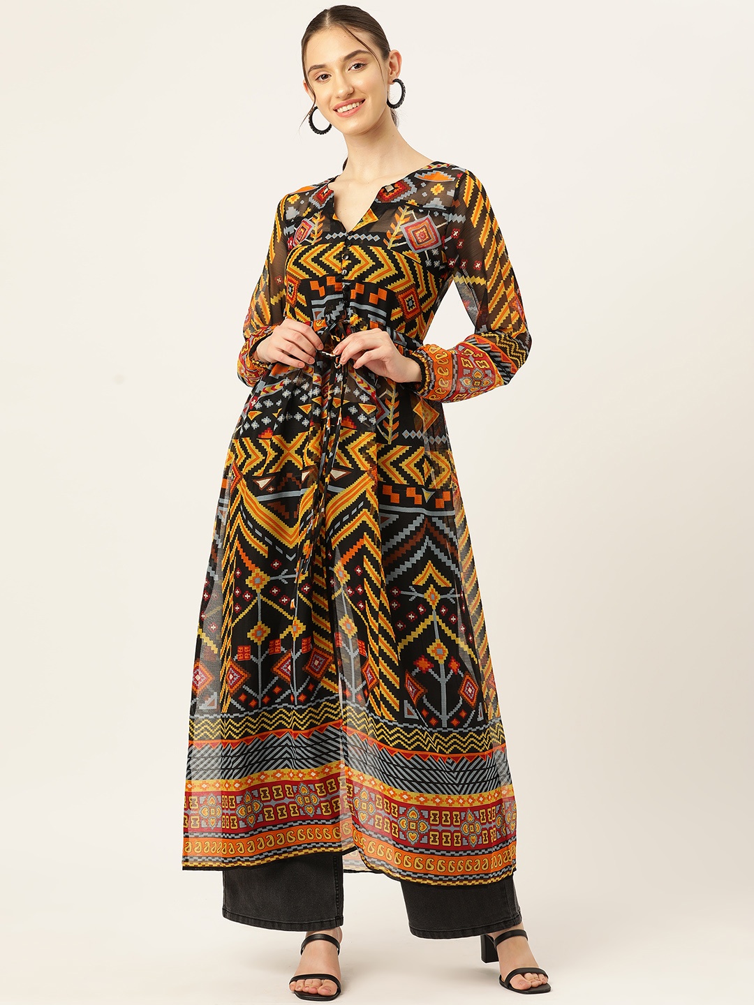 

DressBerry Ethnic Motifs Print Puff Sleeve Maxi Longline Top, Mustard