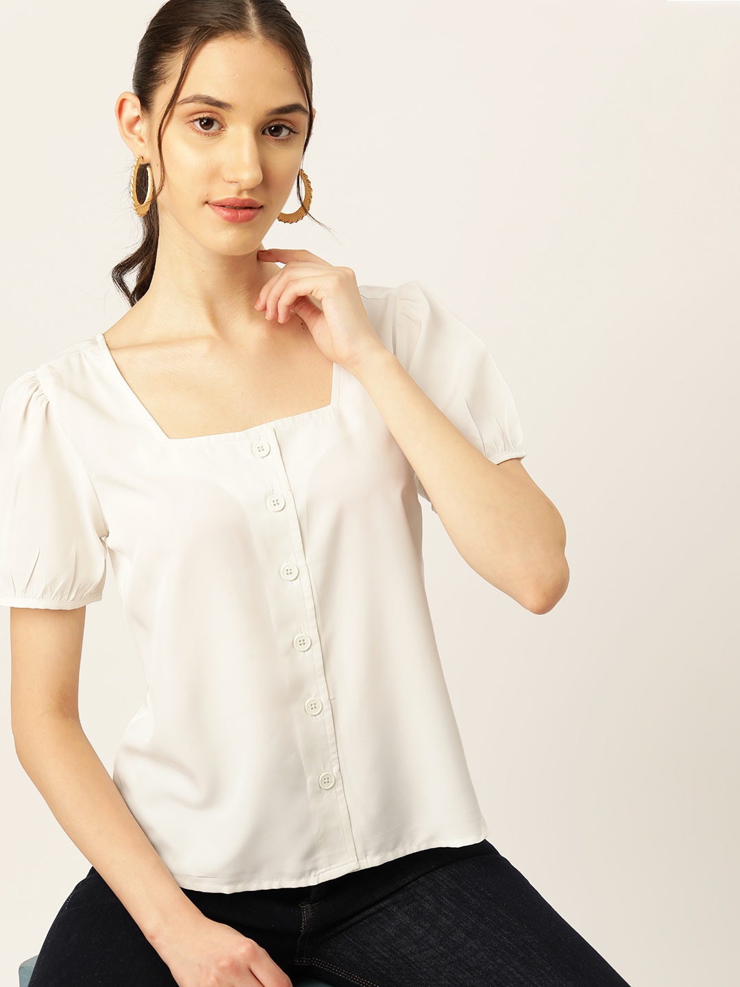 

DressBerry Solid Puff Sleeve Regular Top, White