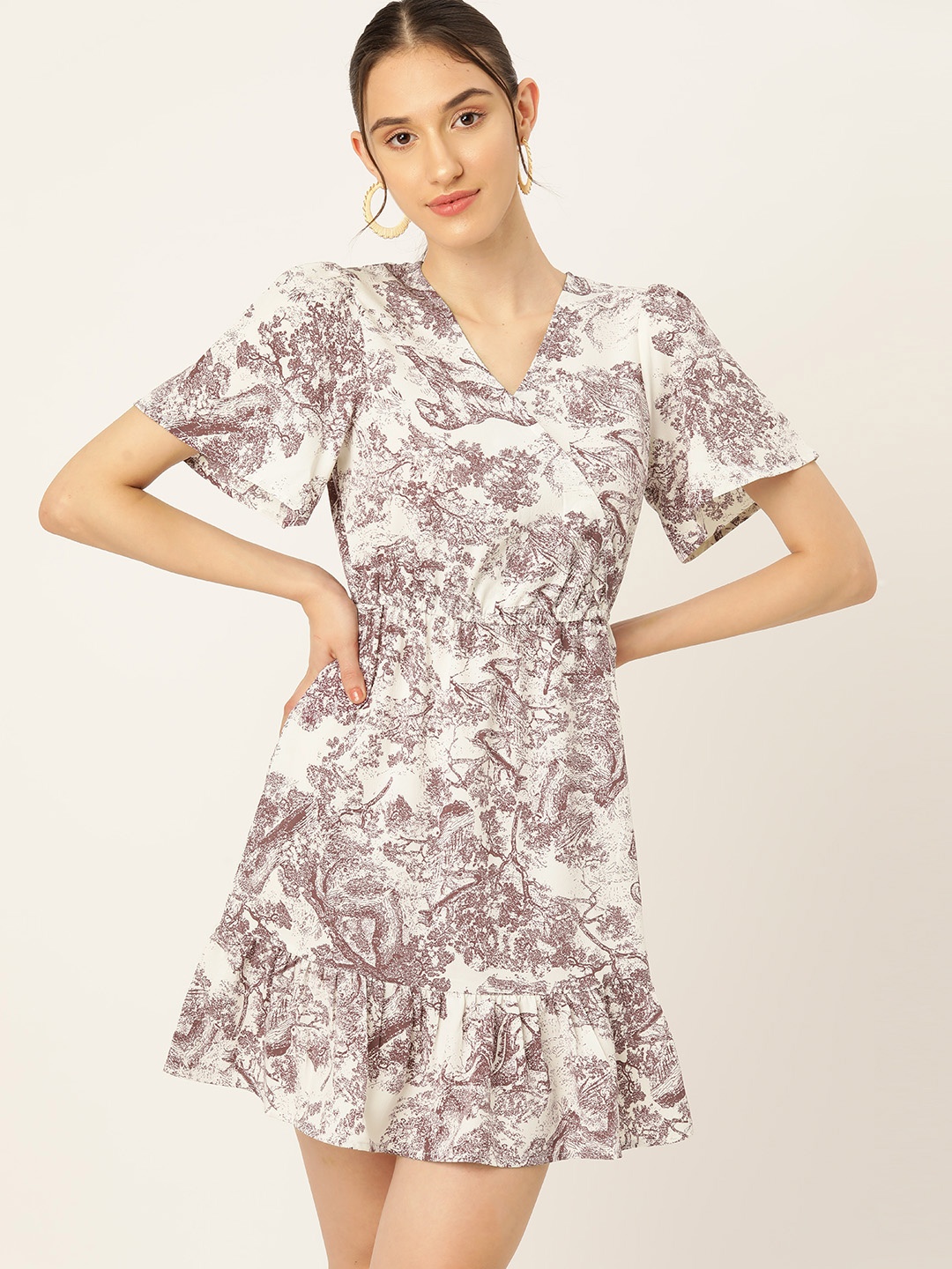 

DressBerry Floral Print Flared Sleeves Tiered Dress, Brown