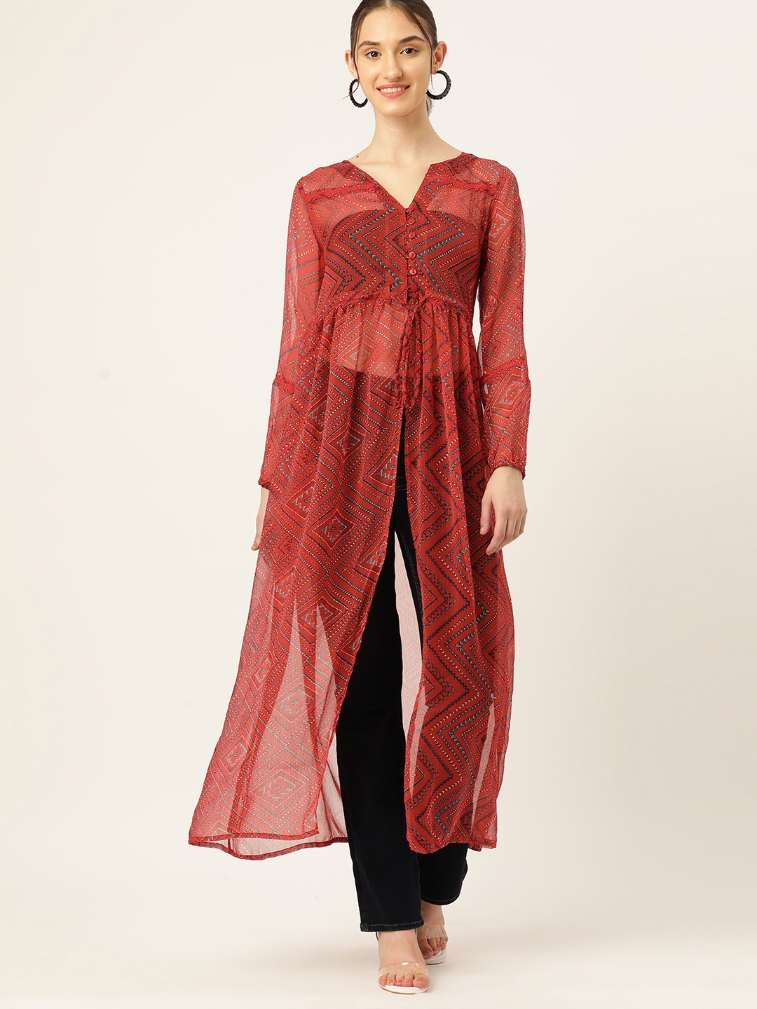 

DressBerry Geometric Print Puff Sleeve Maxi Longline Top, Red