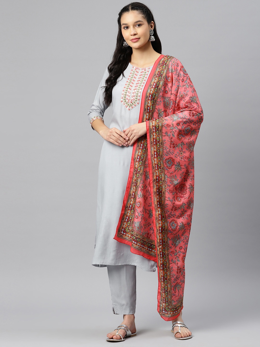 

Vbuyz Yoke Design Regular Mirror Work Kurta With Trousers & Dupatta, Grey