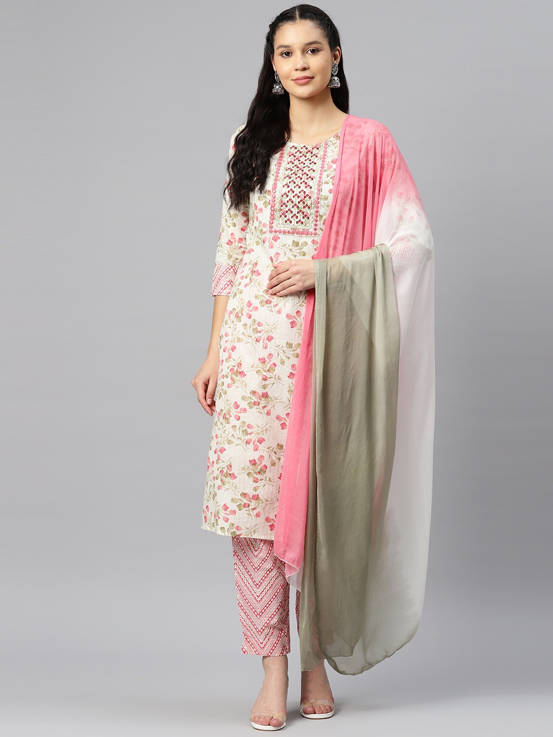 

Vbuyz Floral Printed Regular Mirror Work Pure Cotton Kurta With Trousers & Dupatta, White