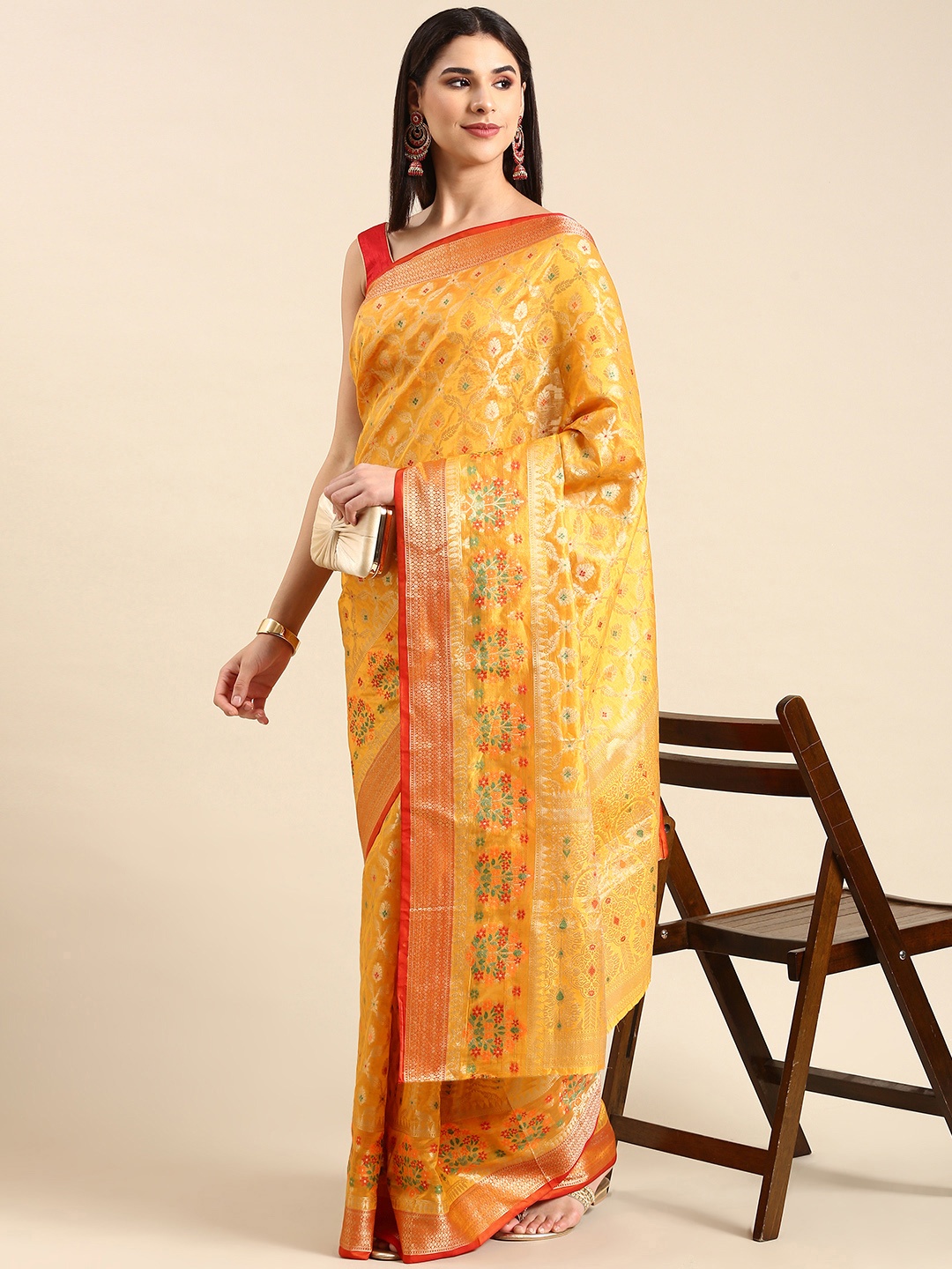

AVANSHEE Woven Design Zari Silk Cotton Banarasi Saree, Mustard