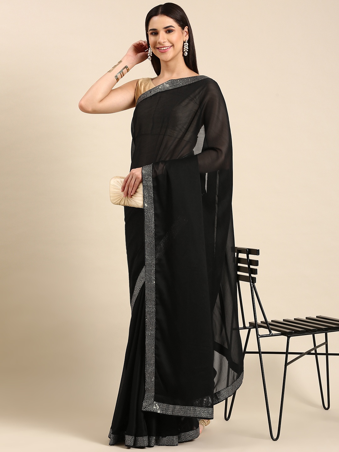 

AVANSHEE Sequinned Poly Georgette Saree, Black