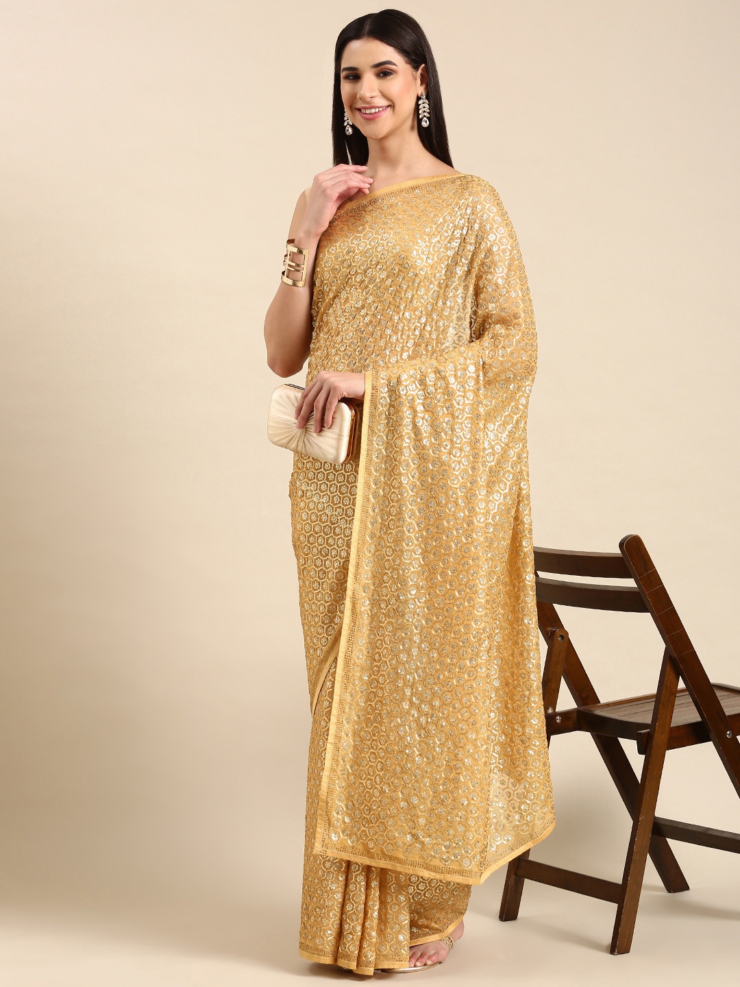 

AVANSHEE Embellished Sequinned Poly Georgette Saree, Mustard