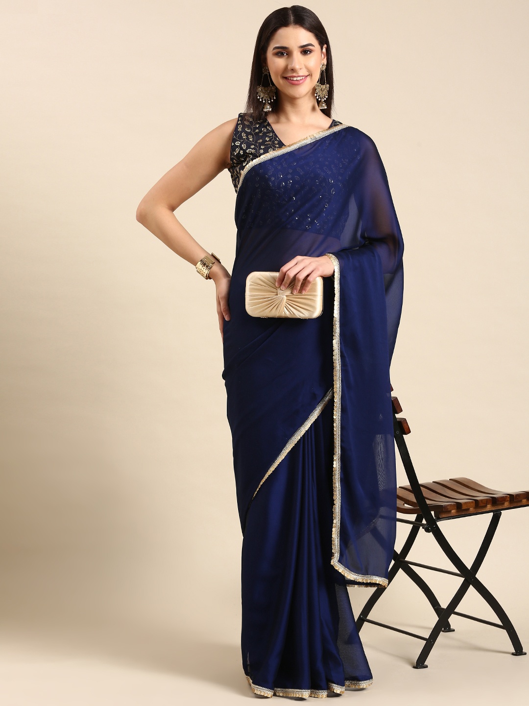 

AVANSHEE Embroidered Poly Georgette Saree, Navy blue
