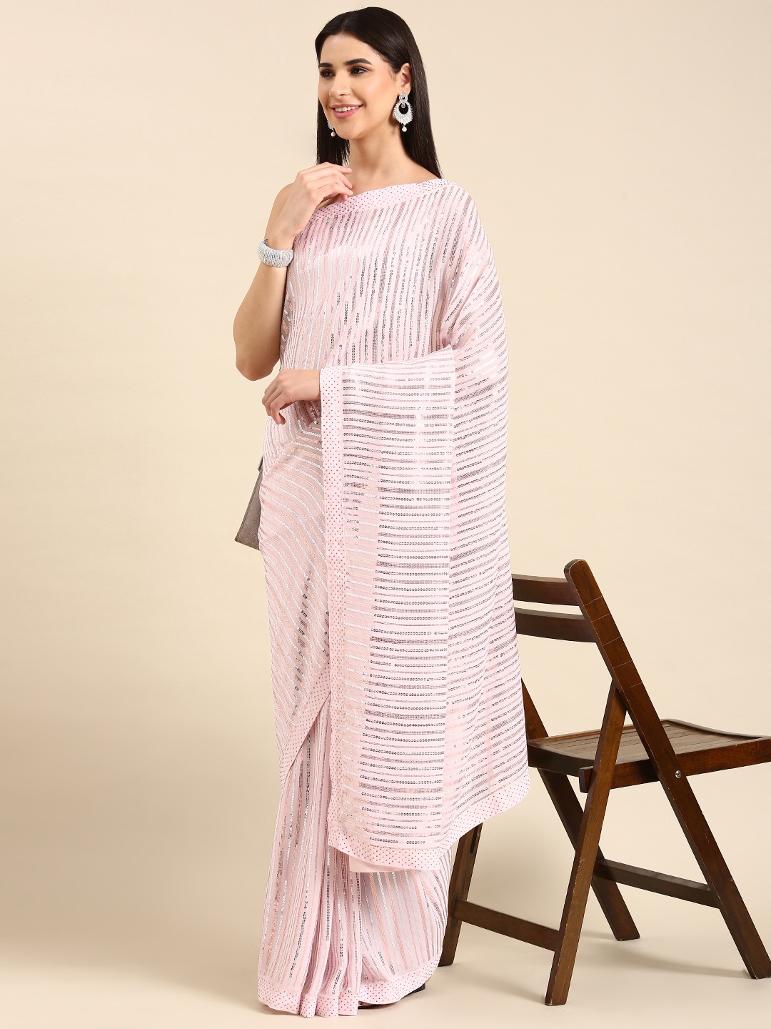 

AVANSHEE Striped Sequinned Poly Georgette Saree, Pink