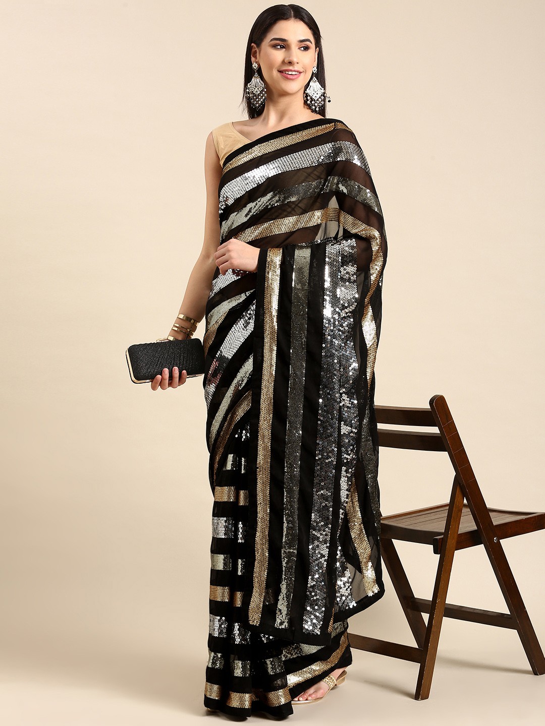 

AVANSHEE Striped Sequinned Poly Georgette Saree, Black
