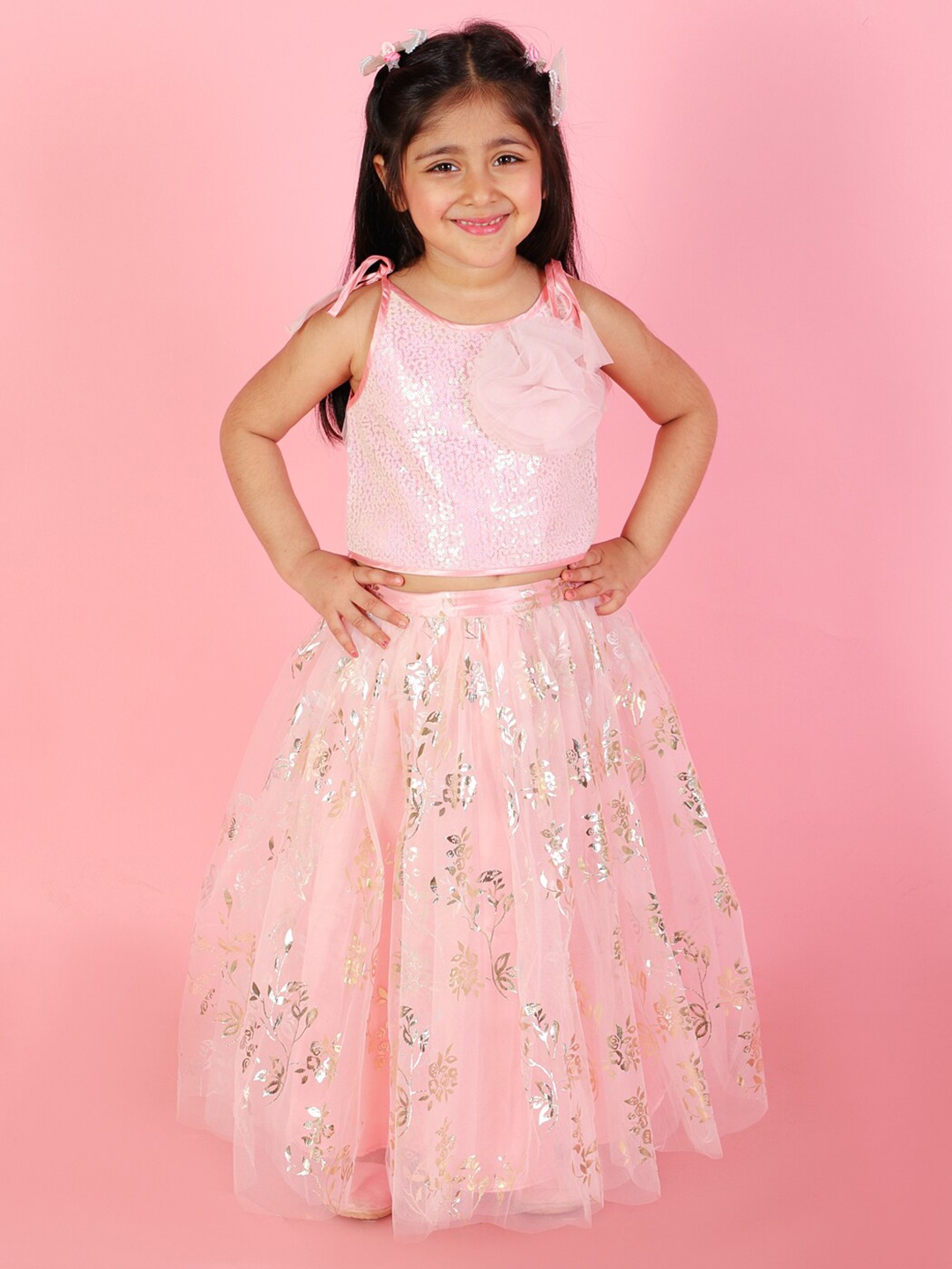 

Lil Peacock Girls Embellished Ready to Wear Lehenga & Blouse, Pink