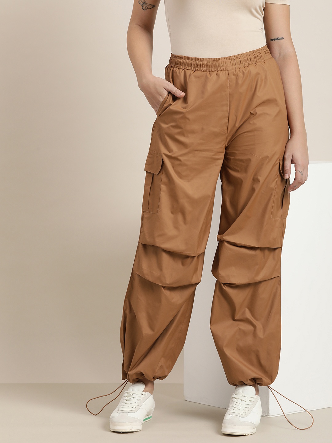 

HERE&NOW Women Solid Baggy fit Parachute Track Pants, Brown