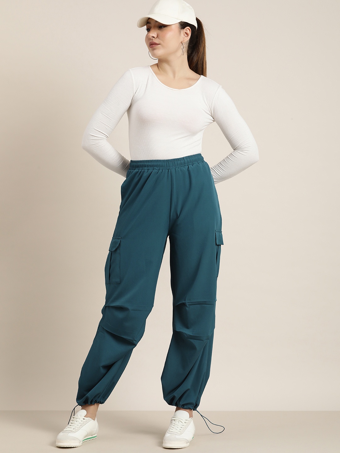 

HERE&NOW Women Solid Baggy fit Parachute Track Pants, Teal