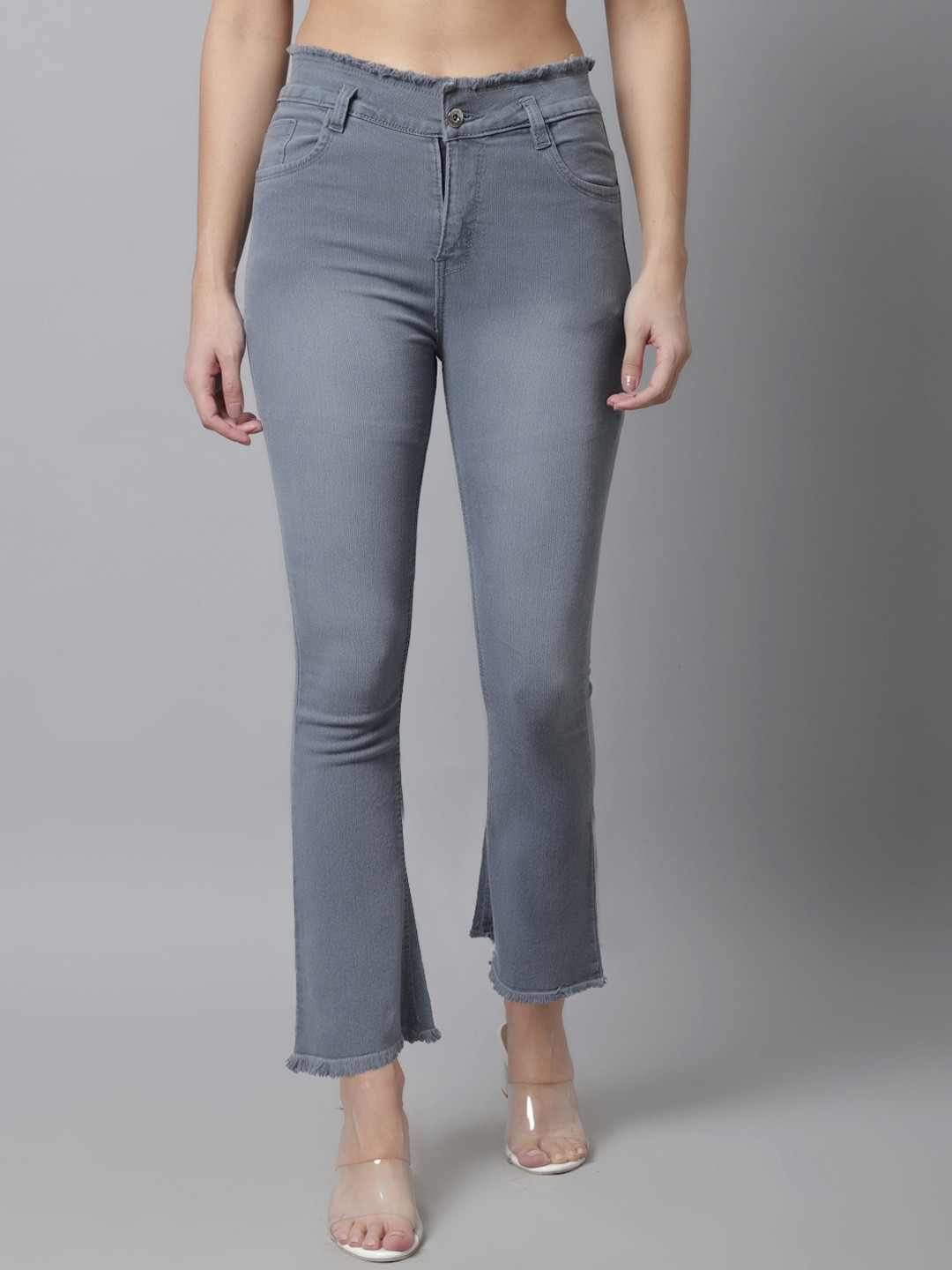 

NULL NAUT Women Jean High-Rise Low Distress Light Fade Stretchable Bootcut Jeans, Grey
