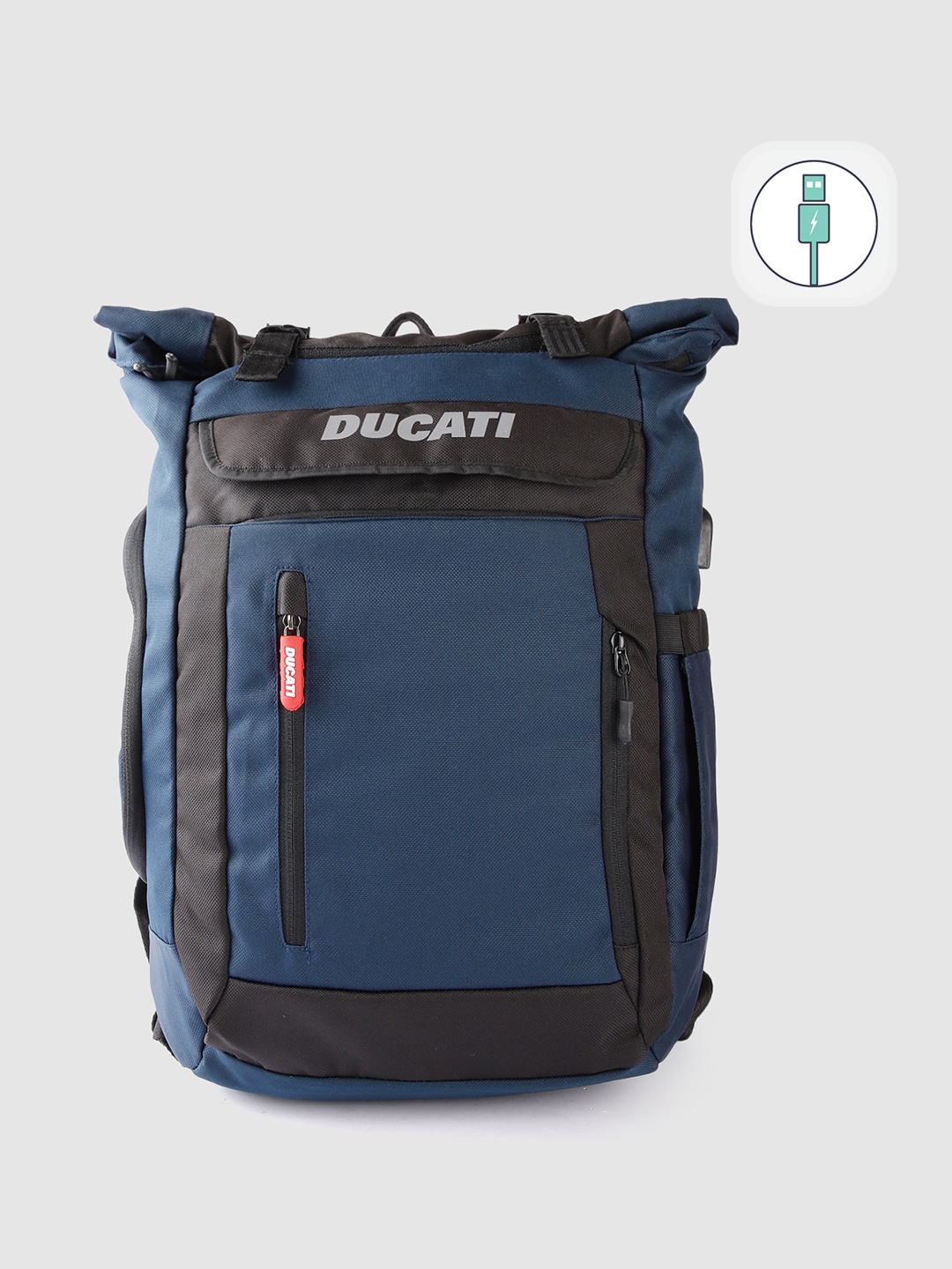 

Ducati Unisex Colourblocked Backpack with USB Charging Port, Navy blue