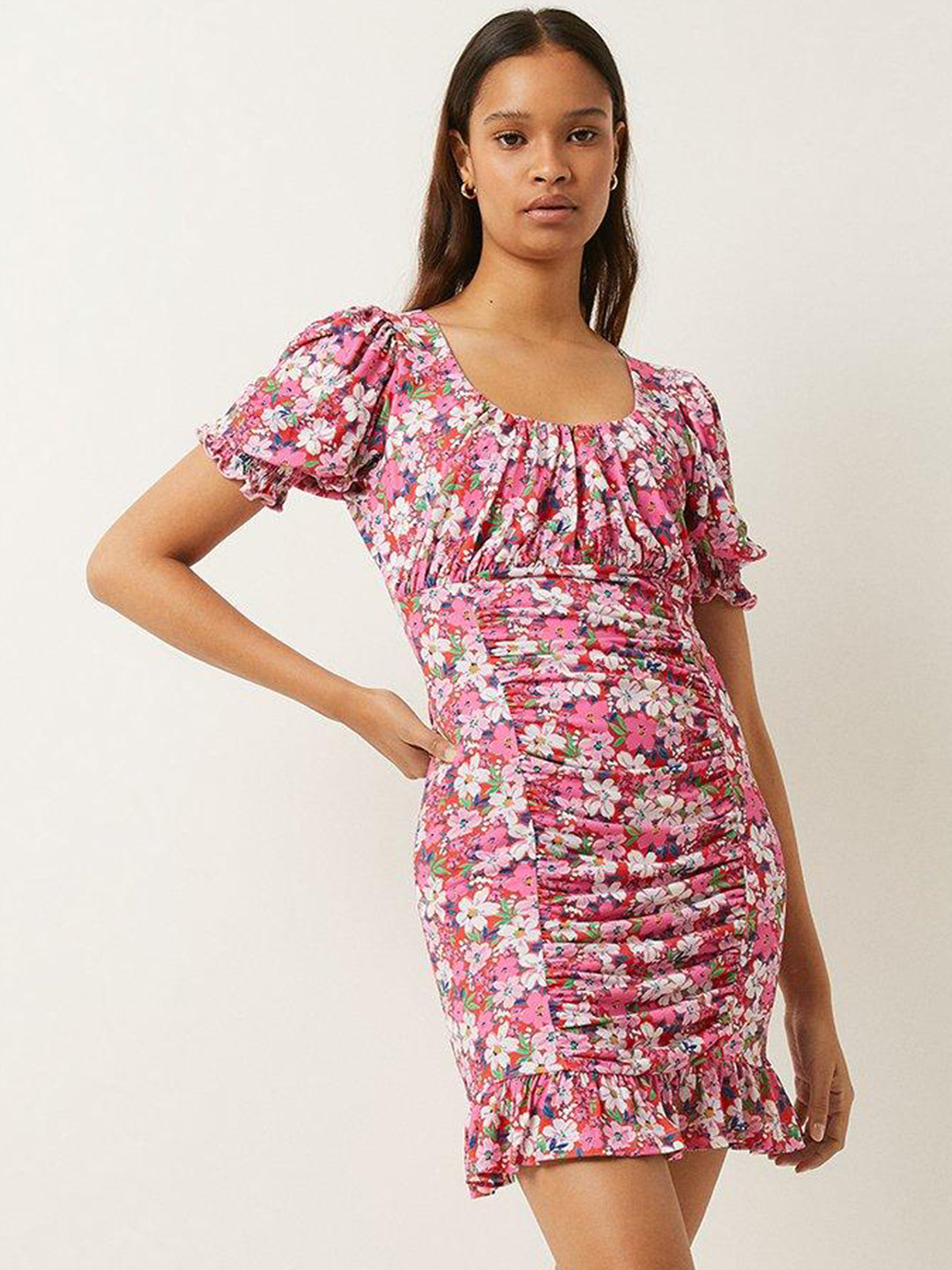 

OASIS Slinky Jersey Floral Print Ruched Front Puff Sleeve Empire Mini Dress, Pink