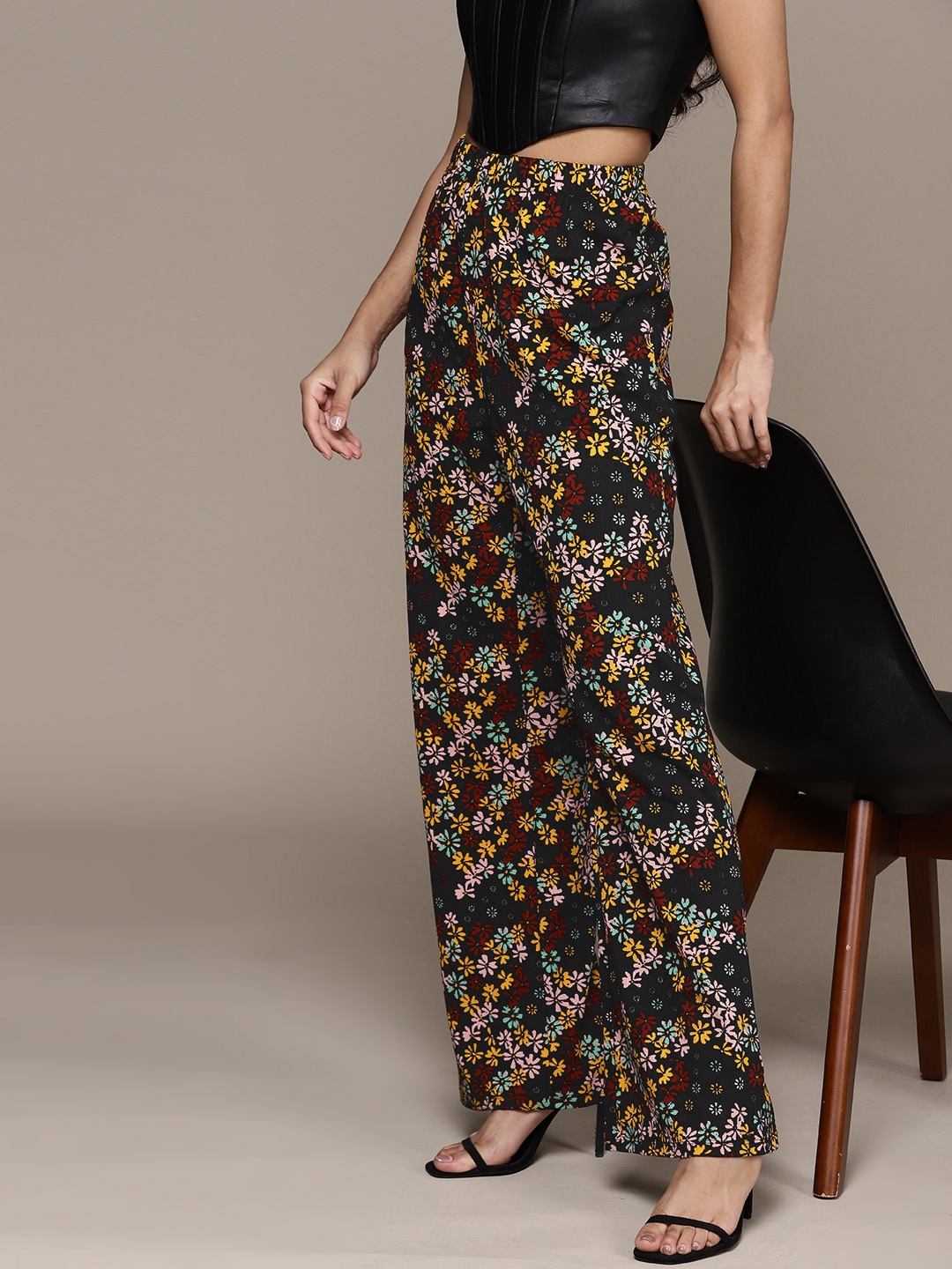 

OASIS Women Daisy Print Wide Leg Crinkle Trouser, Black