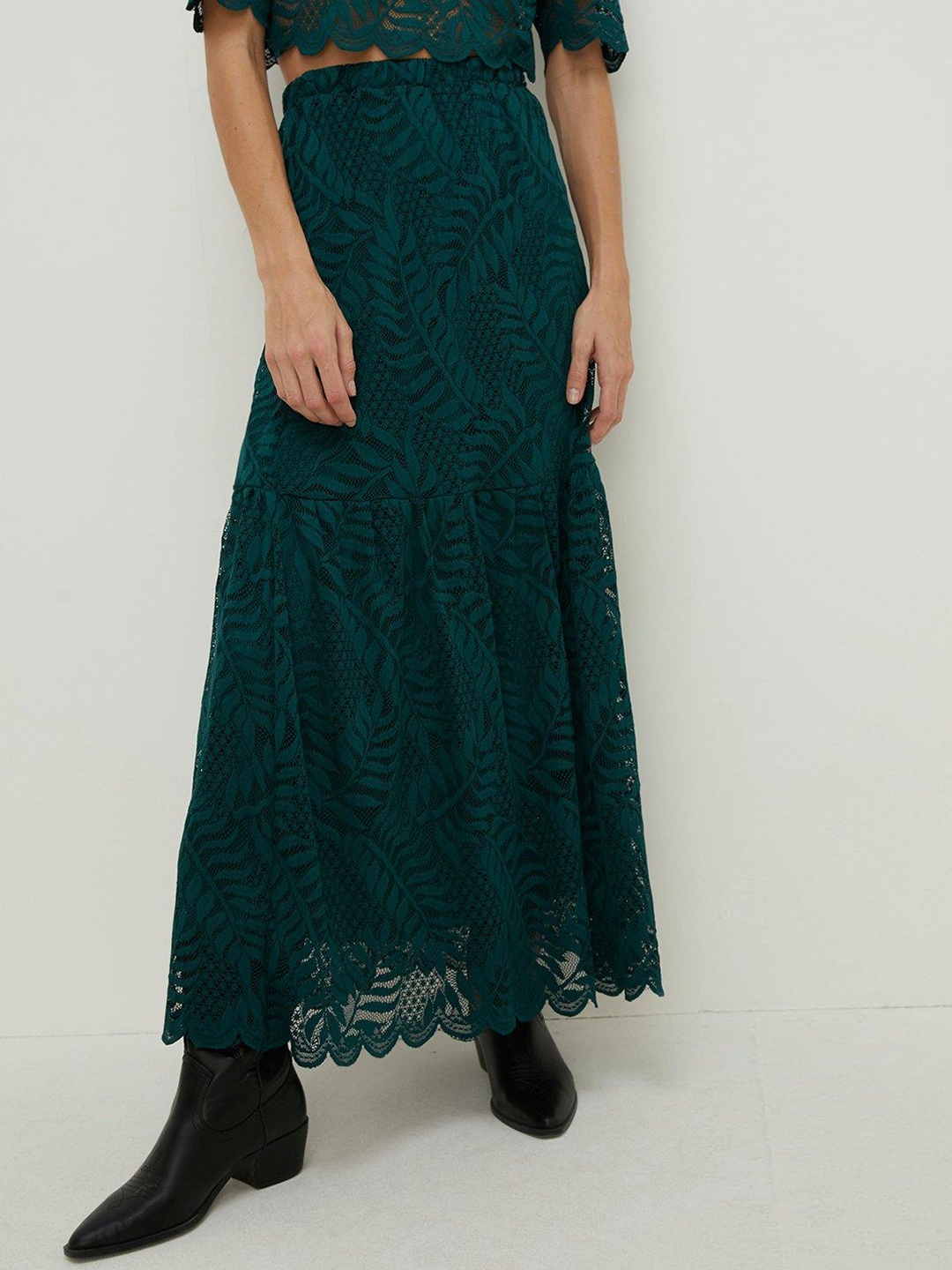 

OASIS Lace Scalloped Hem Midi A-Line Skirt, Green