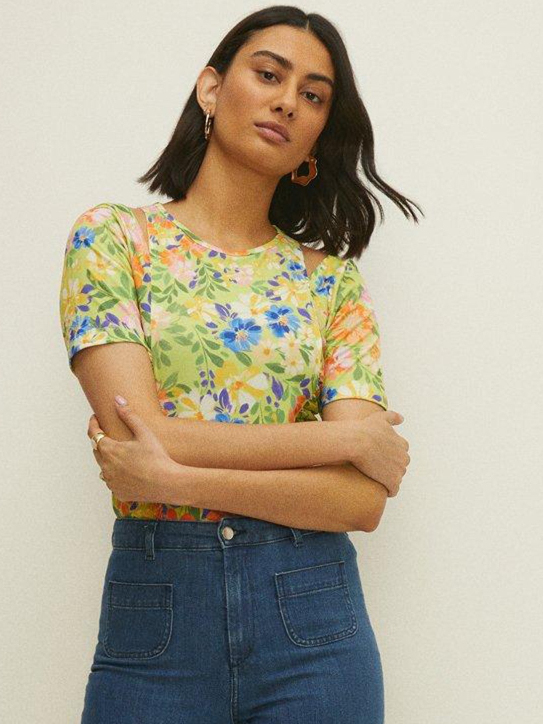 

OASIS Green & Navy Blue Floral Print Top