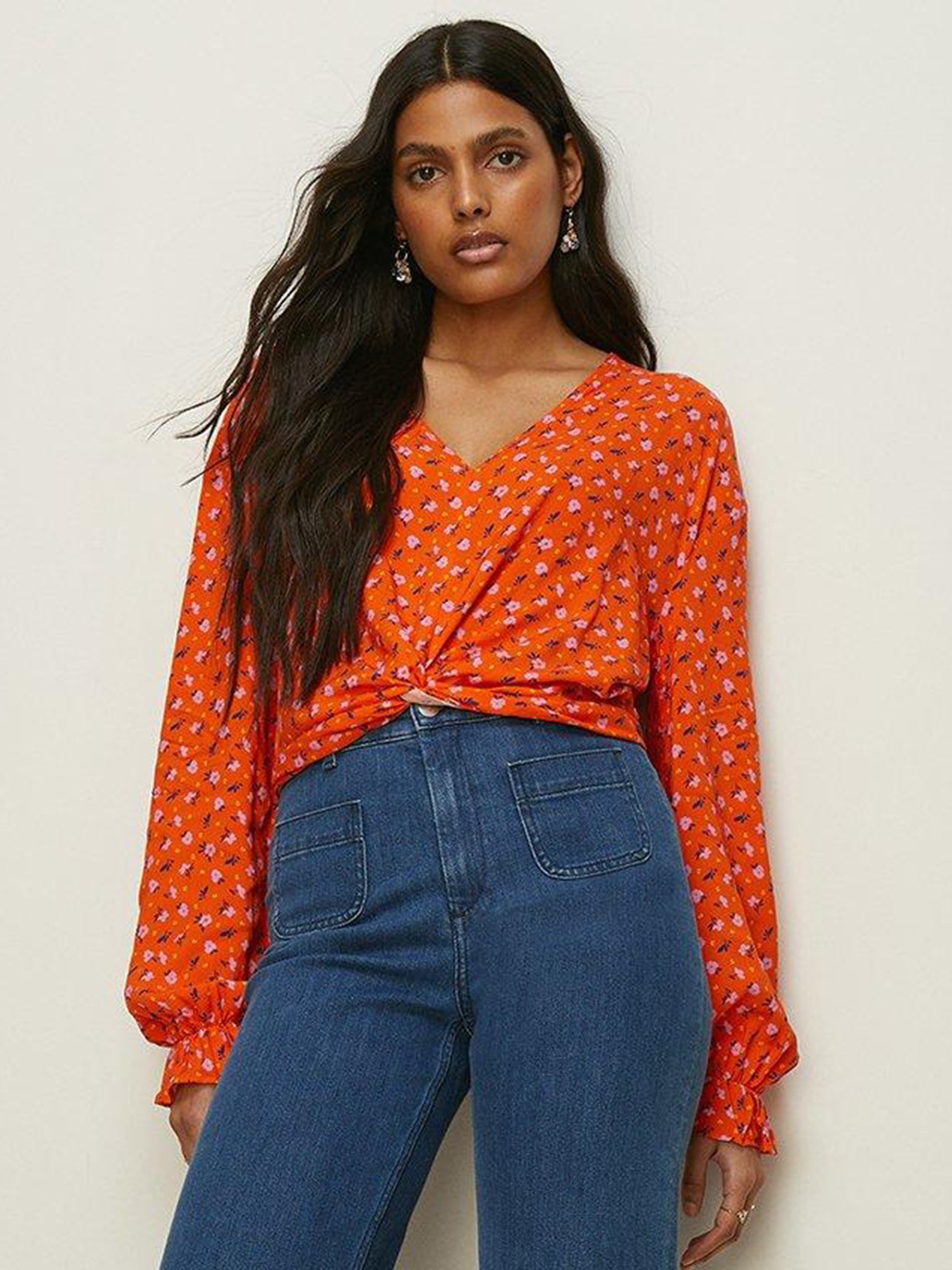 

OASIS Floral Print Puff Sleeves Twisted Detail Top, Orange