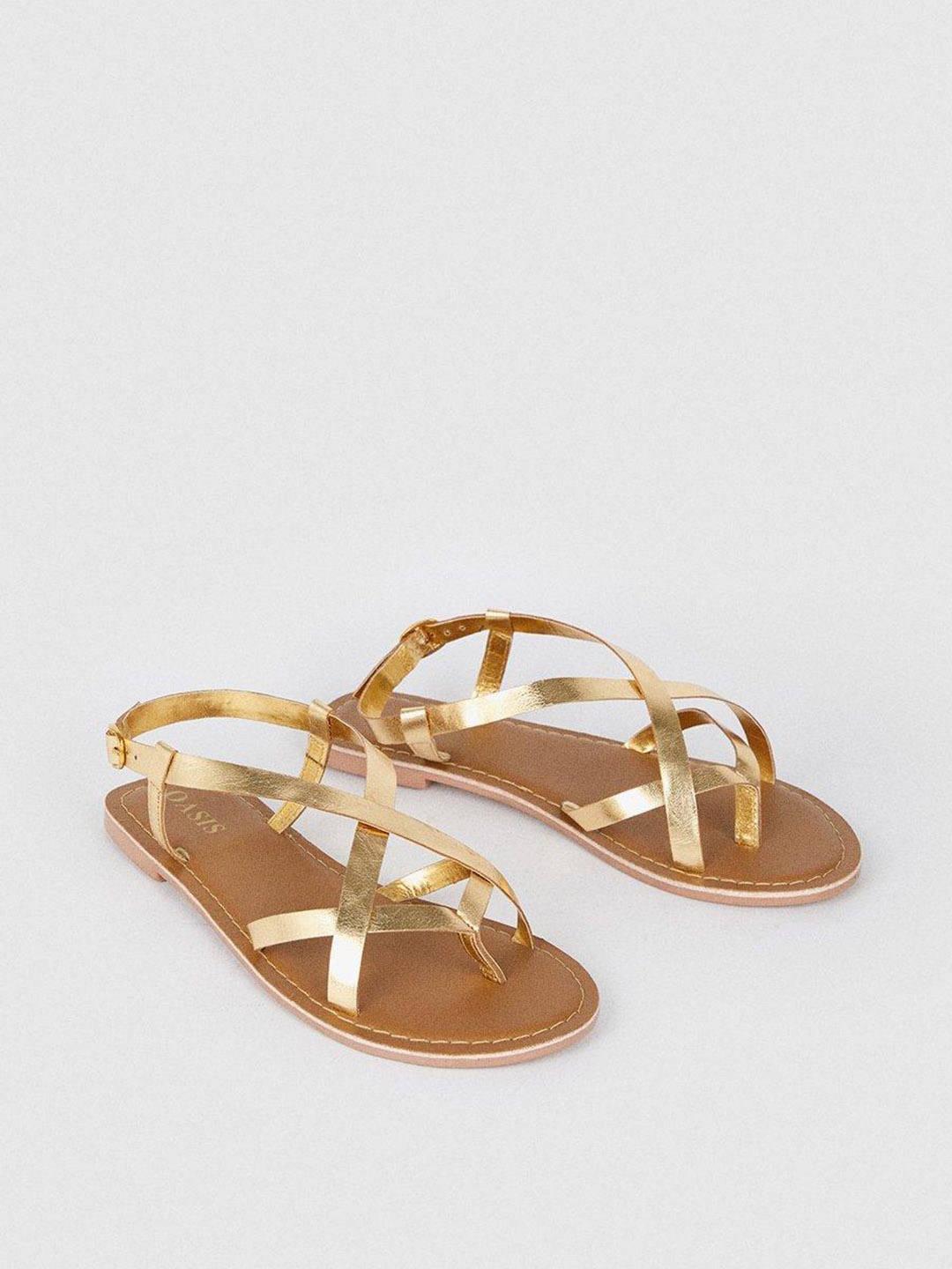 

OASIS Women Solid Strappy Leather Open Toe Flats, Gold