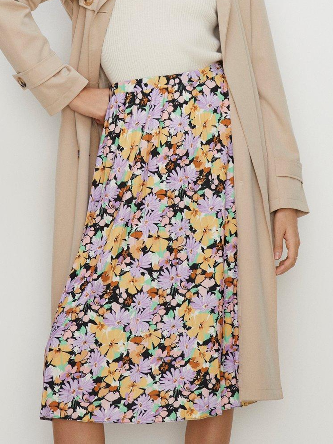 

OASIS Slinky Jersey Floral Printed Accordion Pleated Midi Flared Skirt, Black