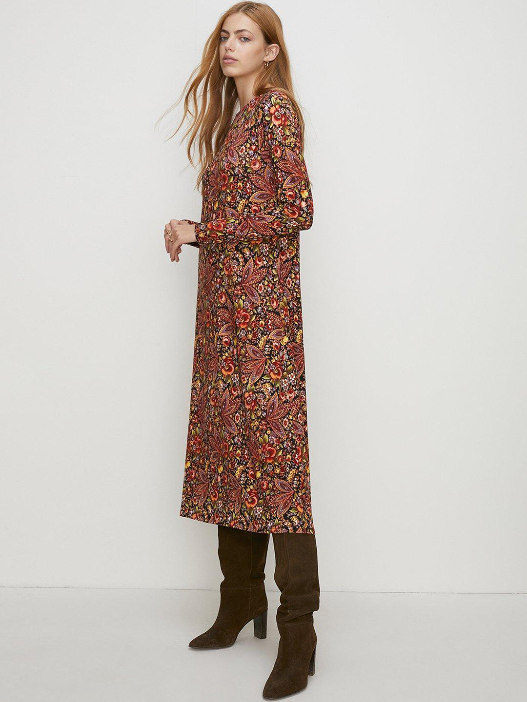

OASIS Floral Print A-Line Midi Dress, Black