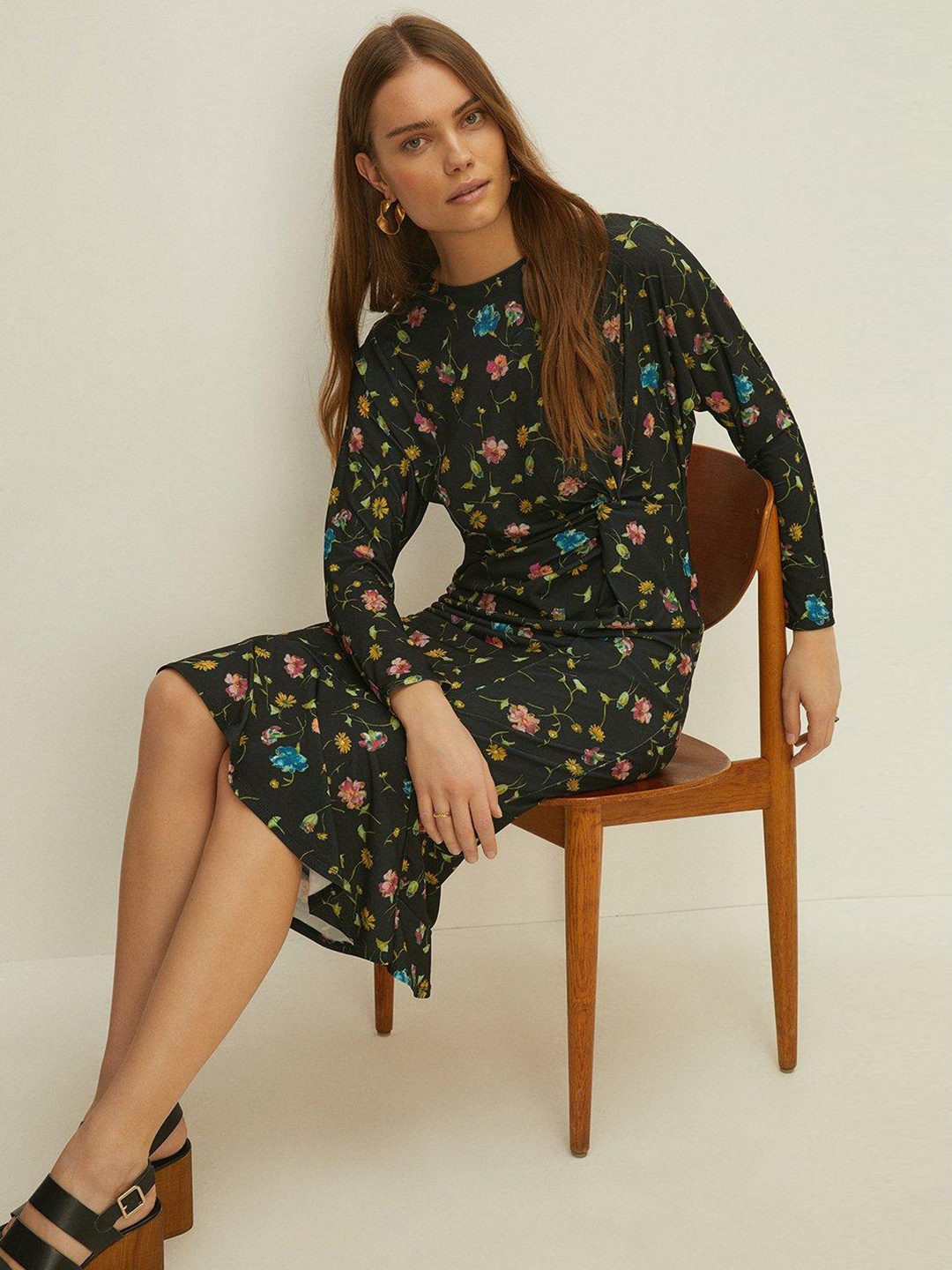 

OASIS Floral Print Batwing Sleeve Sheath Dress, Black