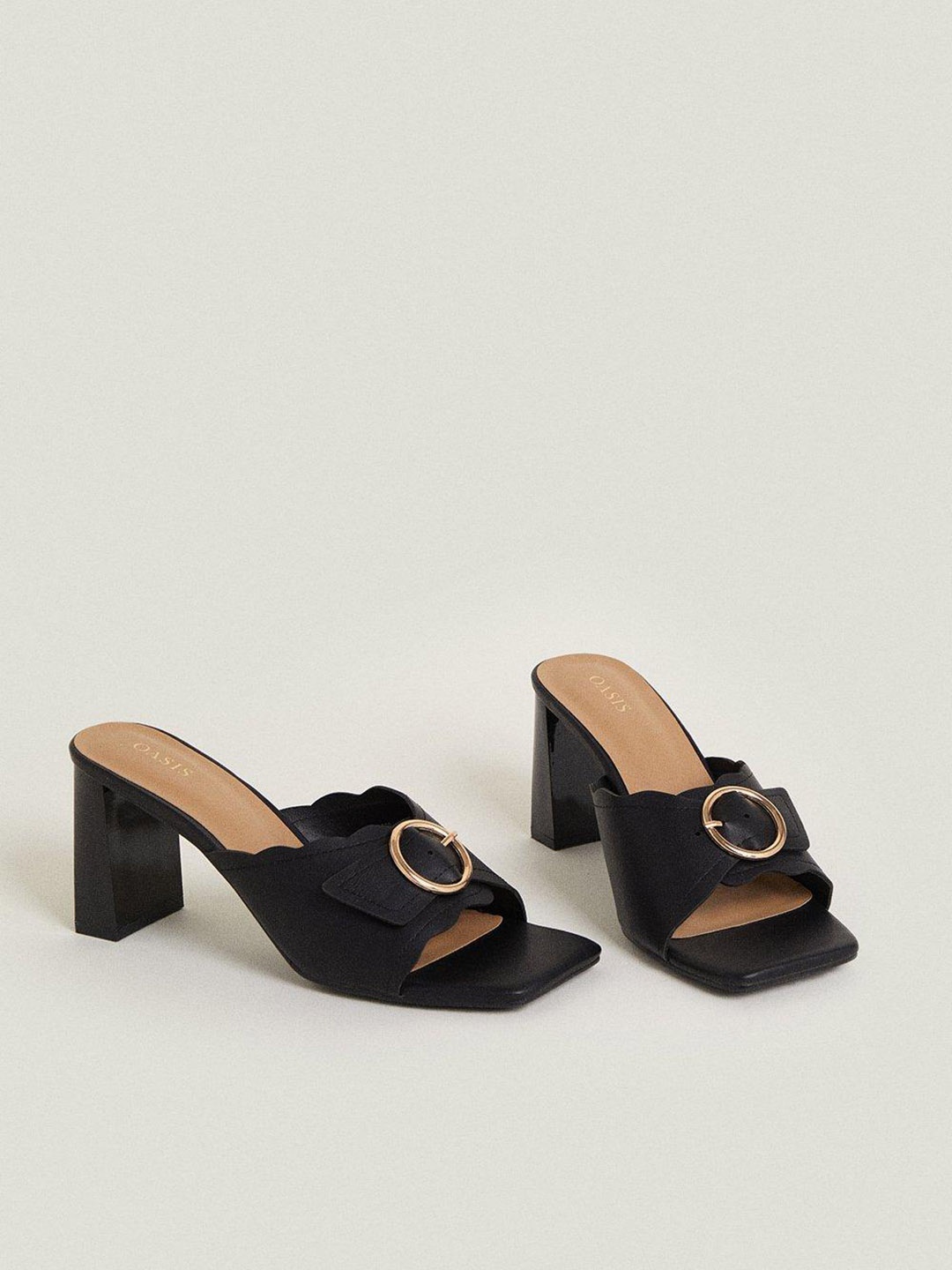 

OASIS Scallop Detail Block Heel Mules with Buckles, Black