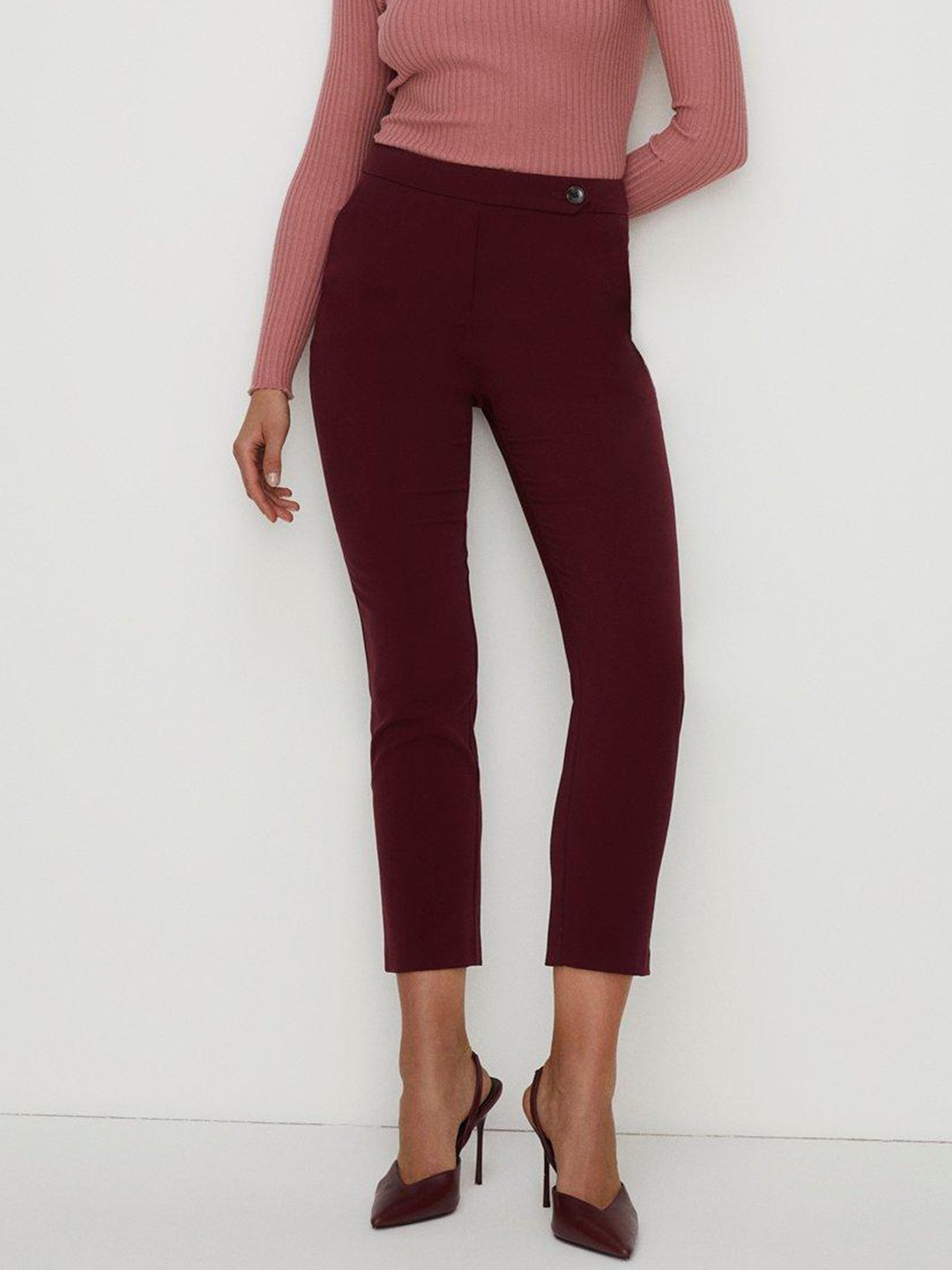

OASIS Women Slim Fit High-Rise Crop Trouser, Maroon