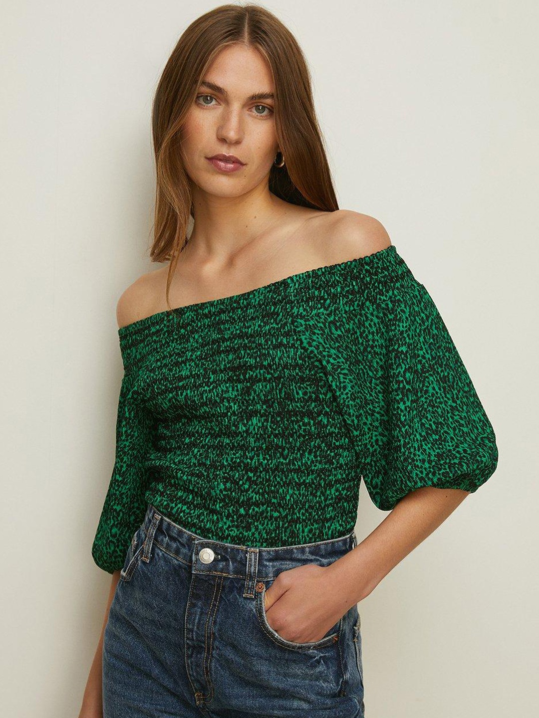 

OASIS Animal Print Off-Shoulder Bardot Top, Green