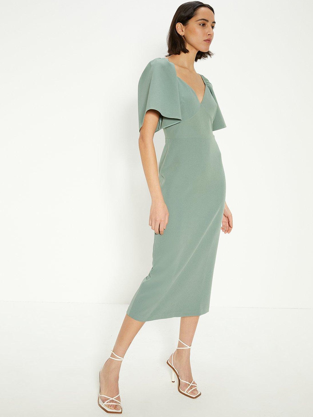 

OASIS Flared Sleeves Crepe Sheath Midi Dress, Green