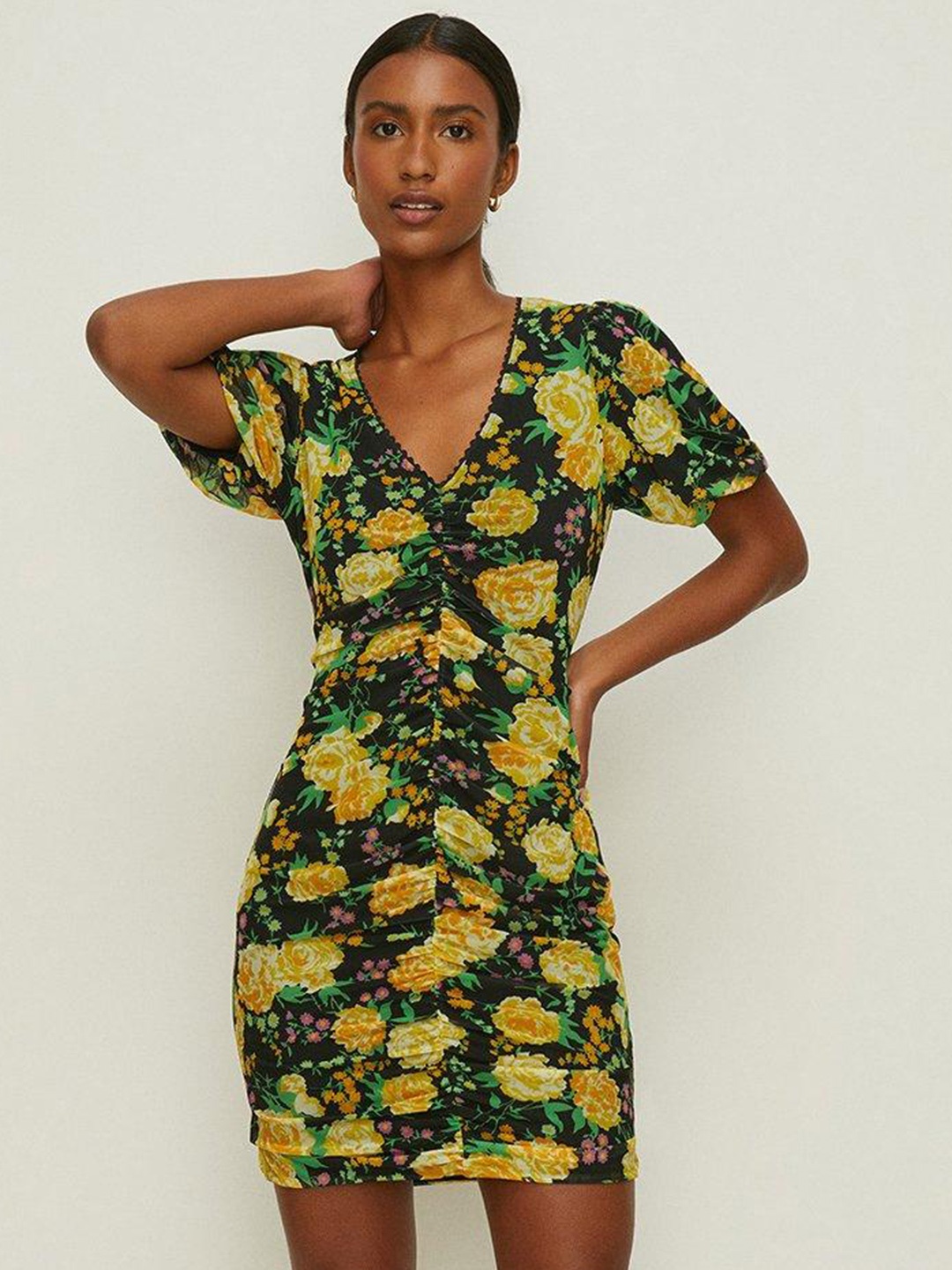 

OASIS Floral Print Puff Sleeve Bodycon Mini Dress, Yellow