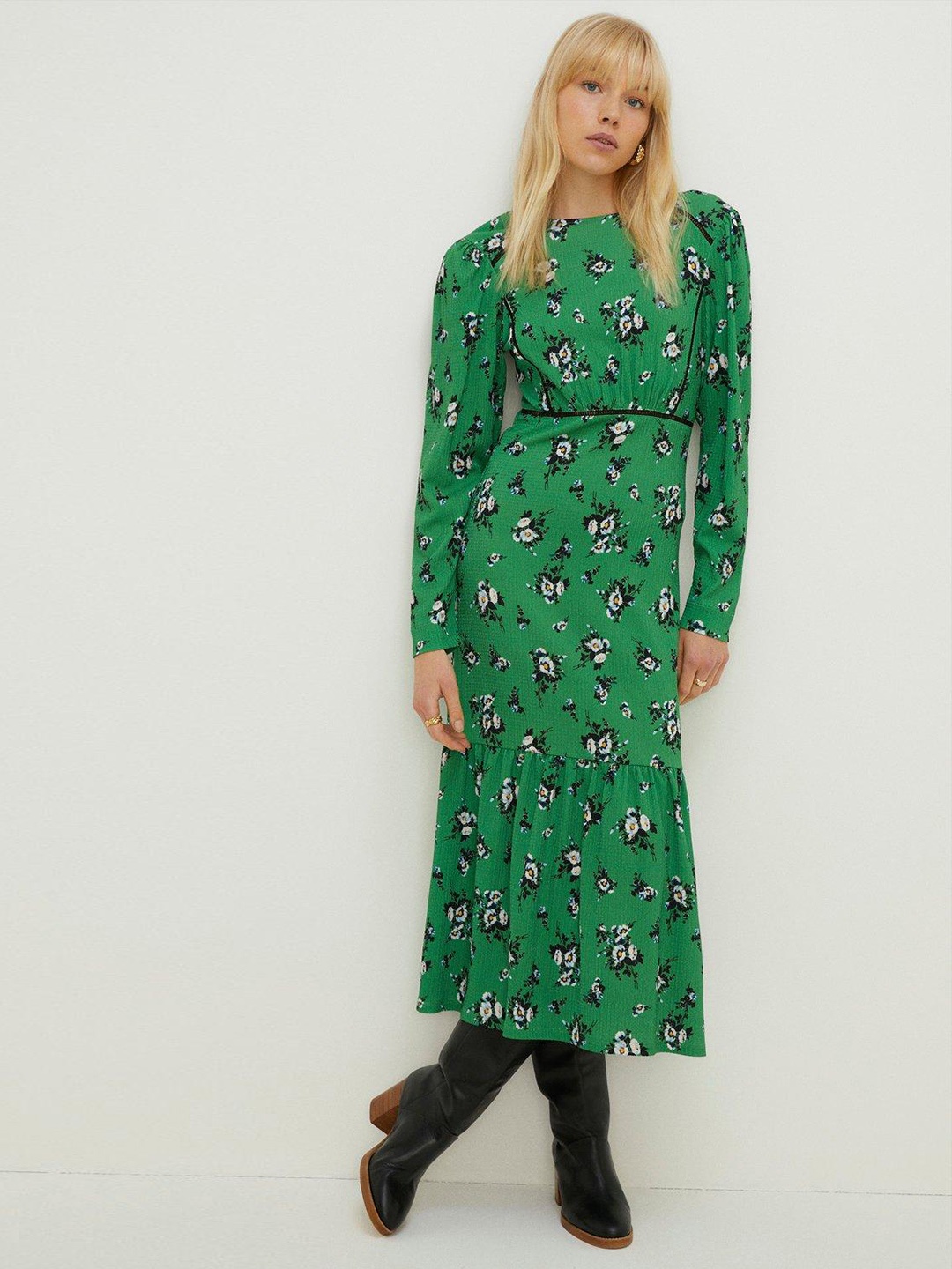 

OASIS Floral Print Tiered Detail A-Line Midi Dress, Green
