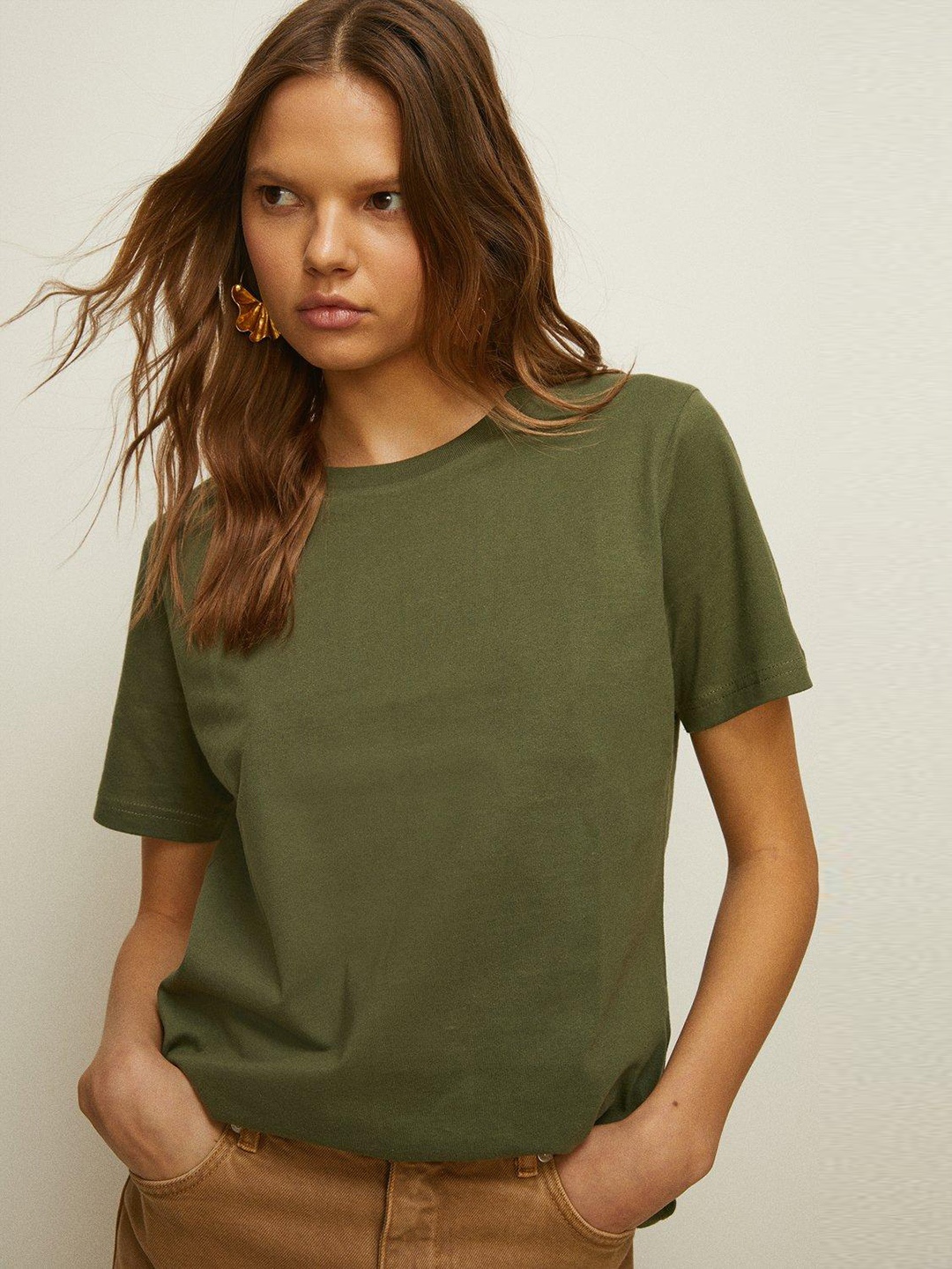 

OASIS Women Crew Neck Pure Cotton T-shirt, Olive