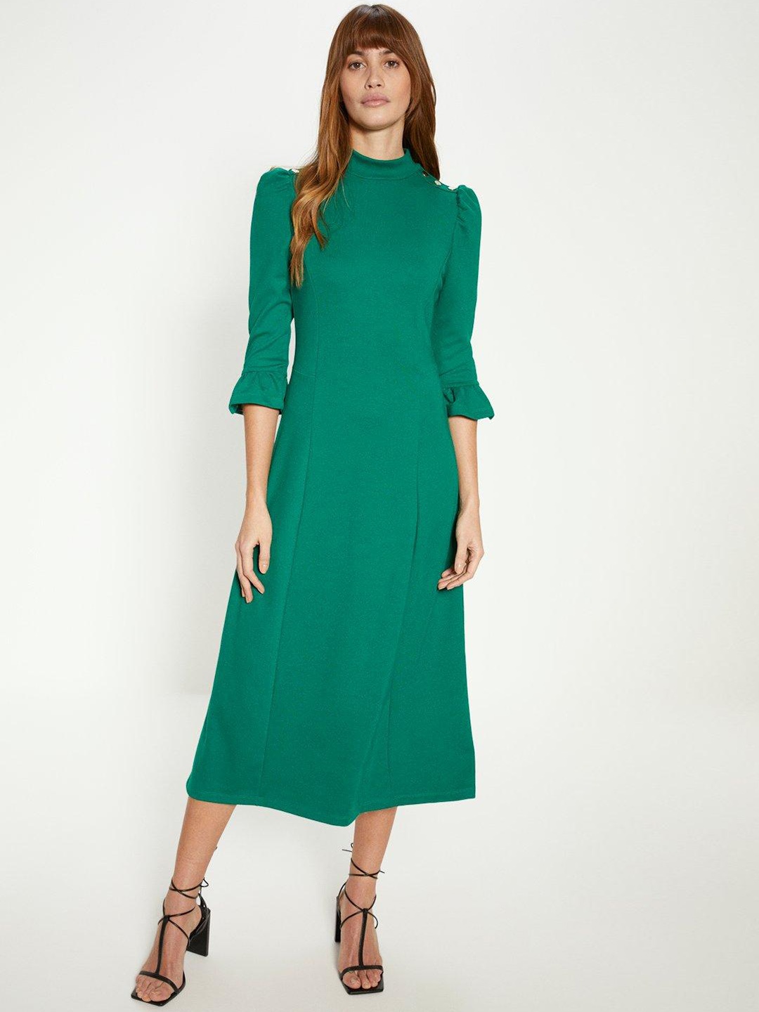 

OASIS Puff Sleeves A-Line Midi Dress, Green