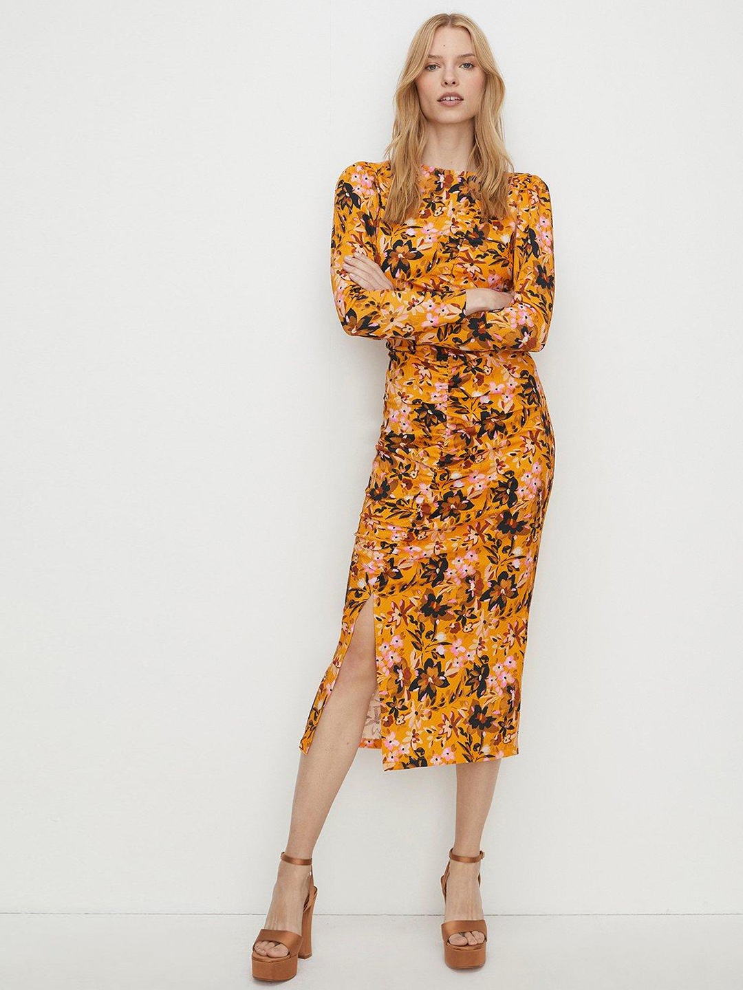 

OASIS Floral Print Ruched Sheath Midi Dress, Mustard