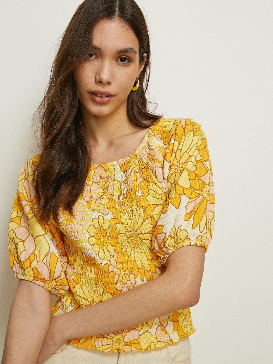 

OASIS Floral Print Smocked Bardot Top, Yellow