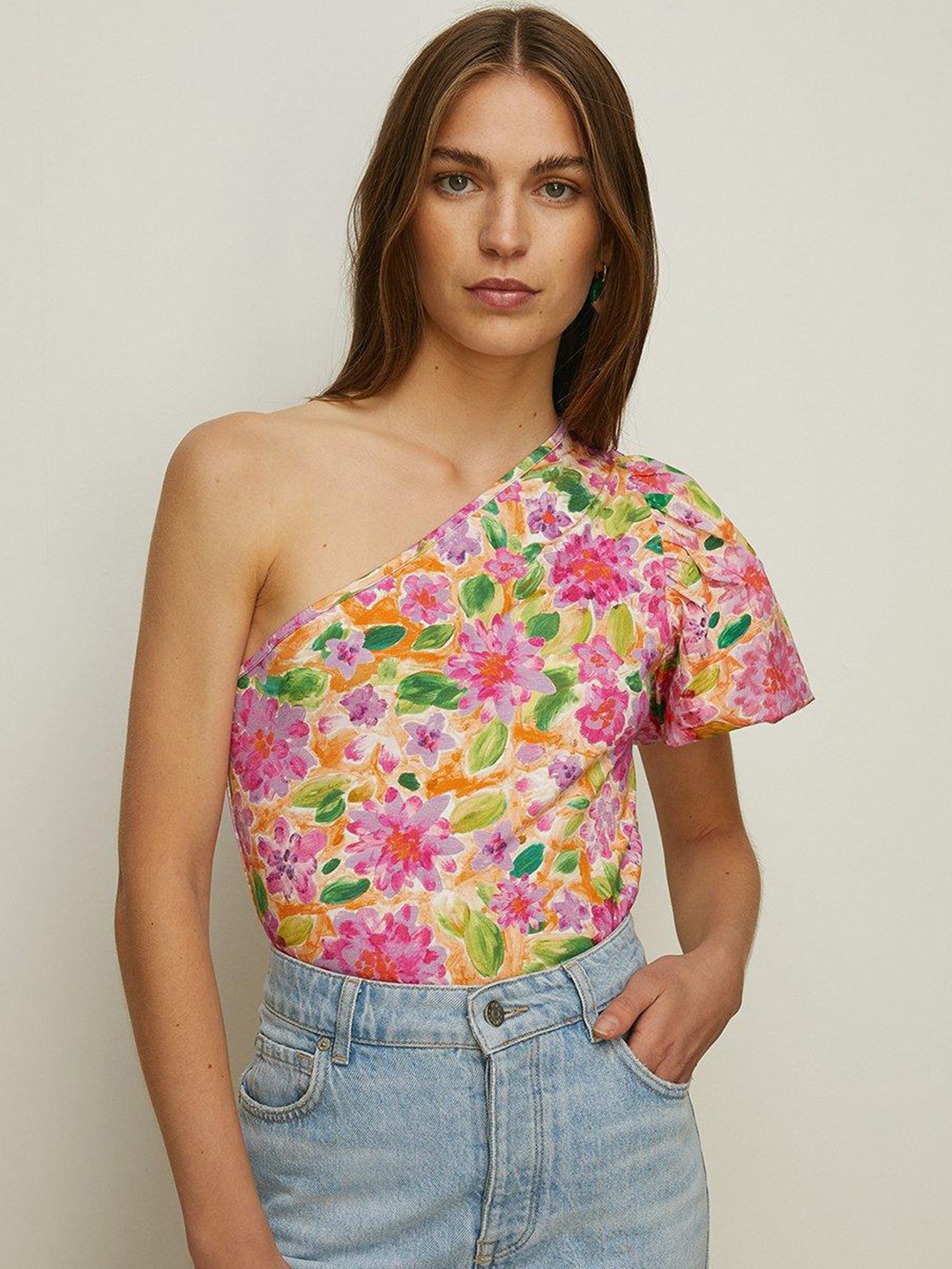 

OASIS Floral Print One Shoulder Flared Sleeves Top, Pink